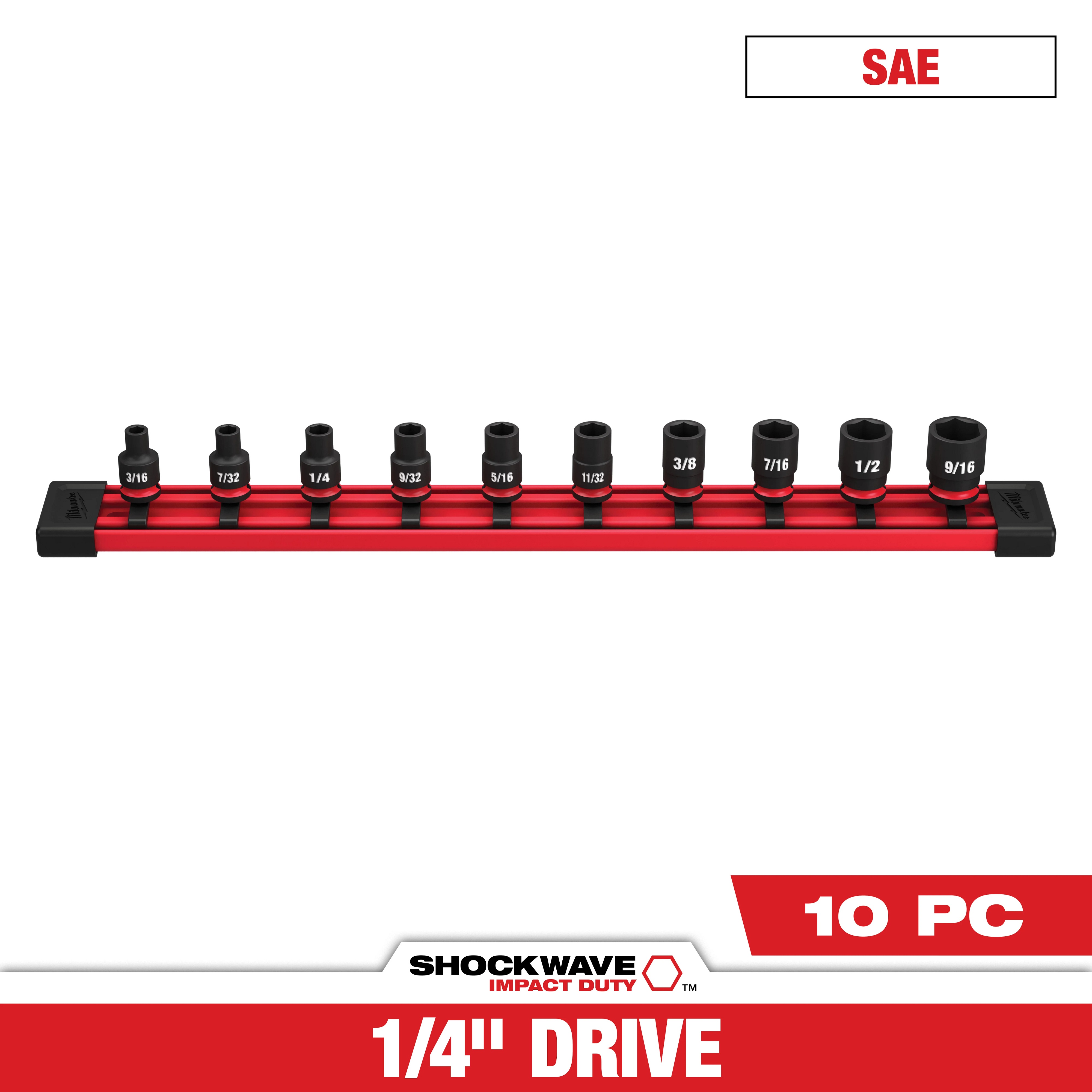 Milwaukee&reg; SHOCKWAVE&trade; Impact Duty&trade; 49-66-7000 Standard Socket Set, ASME Specified, 6 Points, 1/4 in Drive, 10 Pieces, Hex, Included Socket Size: 3/16 in, 7/32 in, 1/4 in, 9/32 in, 5/16 in, 11/32 in, 3/8 in, 7/16 in, 1/2 in and 9/16 in, Case Container