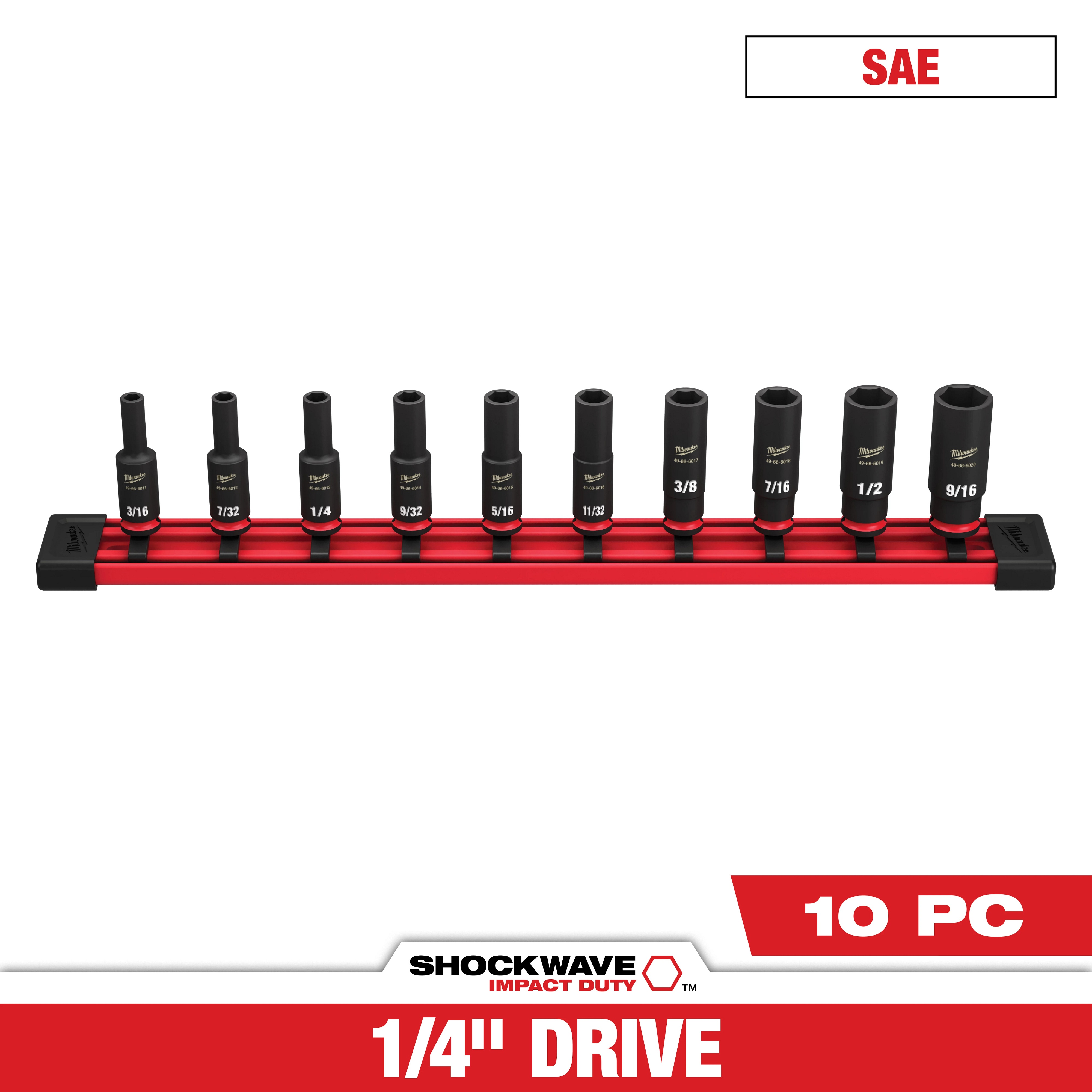 Milwaukee&reg; SHOCKWAVE&trade; Impact Duty&trade; 49-66-7001 Deep Socket Set, ASME Specified, 6 Points, 1/4 in Drive, 10 Pieces, Hex, Included Socket Size: 3/16 in, 7/32 in, 1/4 in, 9/32 in, 5/16 in, 11/32 in, 3/8 in, 7/16 in, 1/2 in and 9/16 in, Case Container