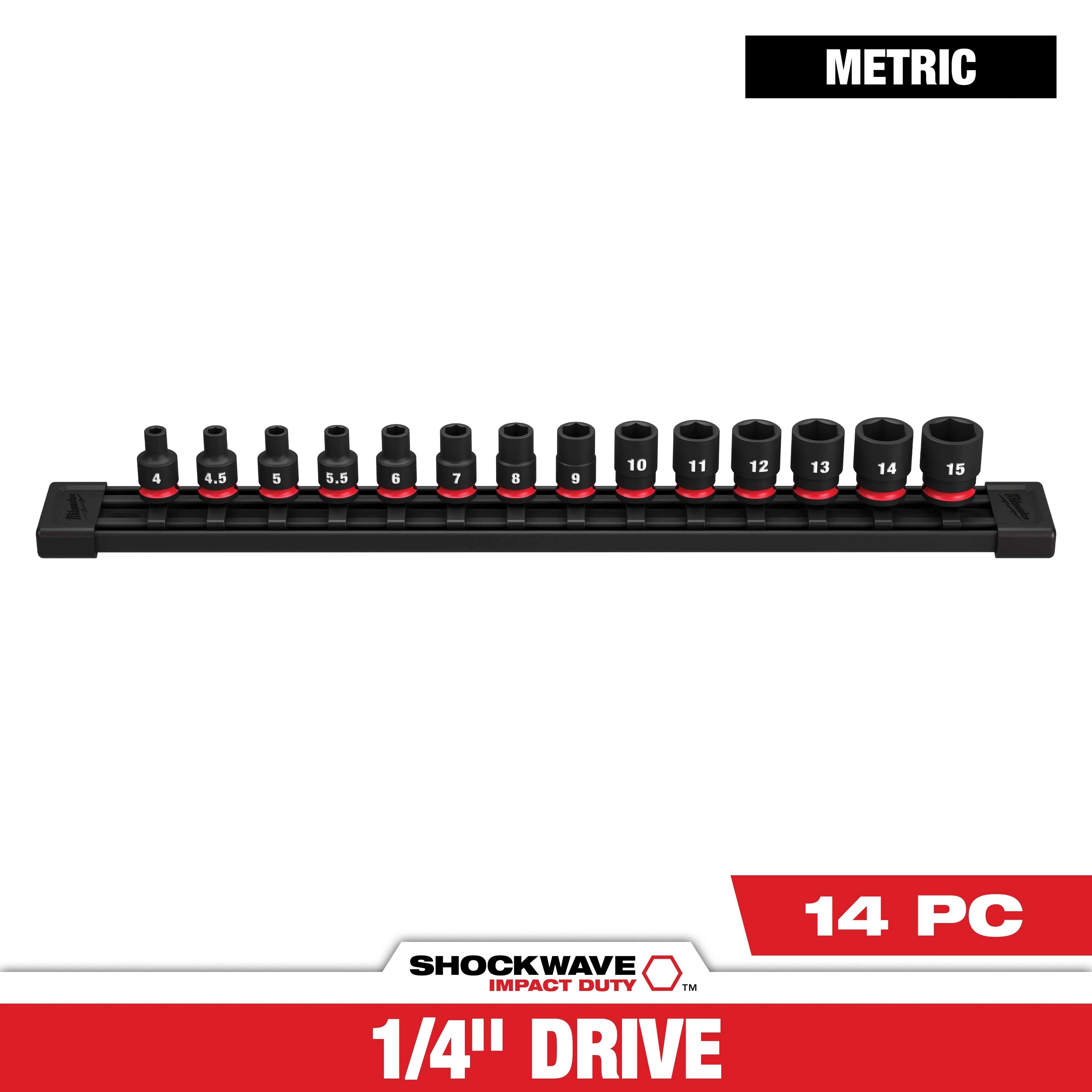 Milwaukee&reg; SHOCKWAVE&trade; Impact Duty&trade; 49-66-7002 Standard Socket Set, ASME Specified, 6 Points, 1/4 in Drive, 14 Pieces, Hex, Included Socket Size: 4 mm, 4.5 mm, 5 mm, 6 mm, 7 mm, 8 mm, 9 mm, 10 mm, 11 mm, 12 mm, 13 mm, 14 and 15, Case Container