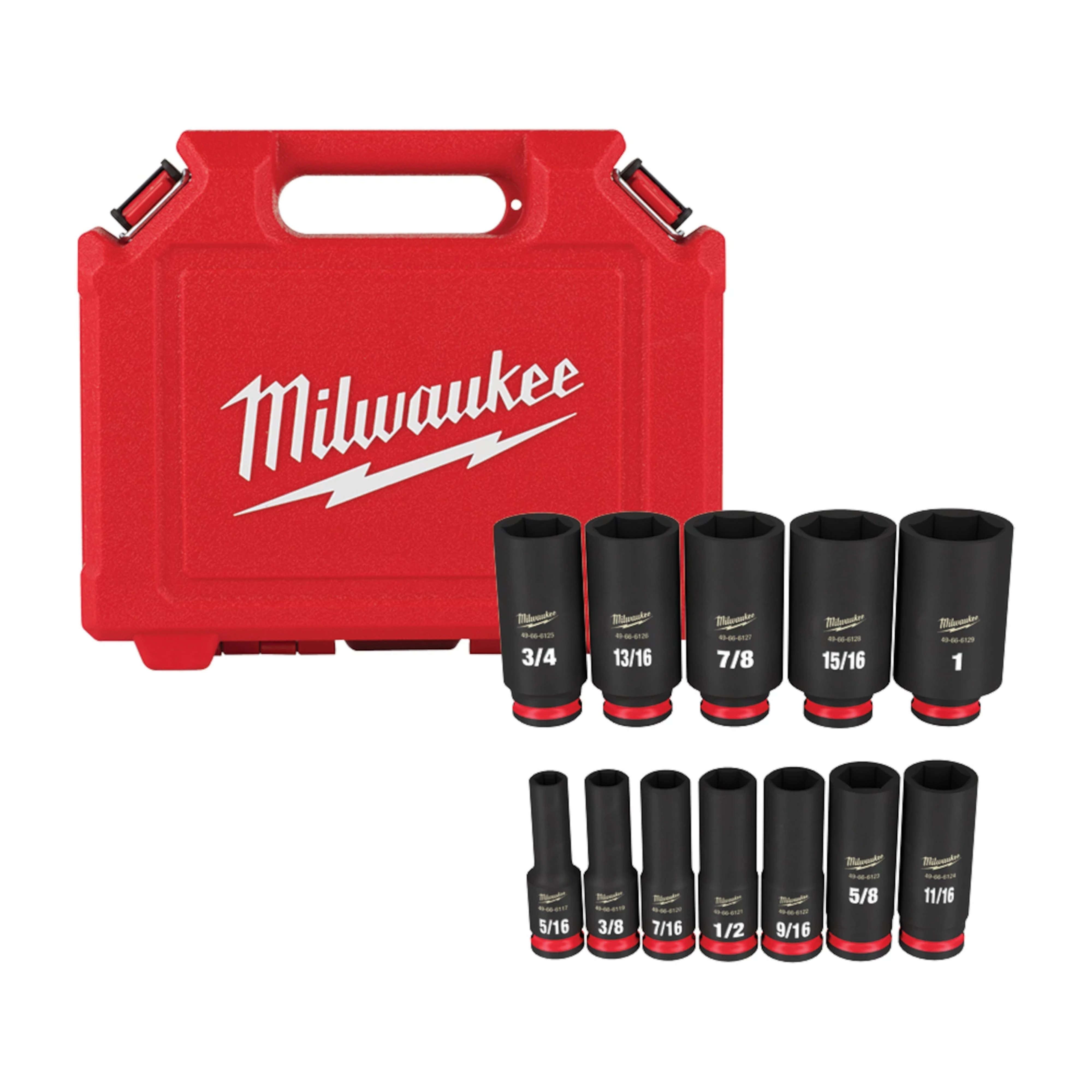 Milwaukee&reg; SHOCKWAVE&trade; Impact Duty&trade; 49-66-7006 Deep Socket Set, ASME Specified, 6 Points, 3/8 in Drive, 12 Pieces, Hex, Included Socket Size: 5/16 in, 3/8 in, 7/16 in, 1/2 in, 9/16 in, 5/8 in, 11/16 in, 3/4 in, 13/16 in, 7/8 in, 15/16 in and 1 in