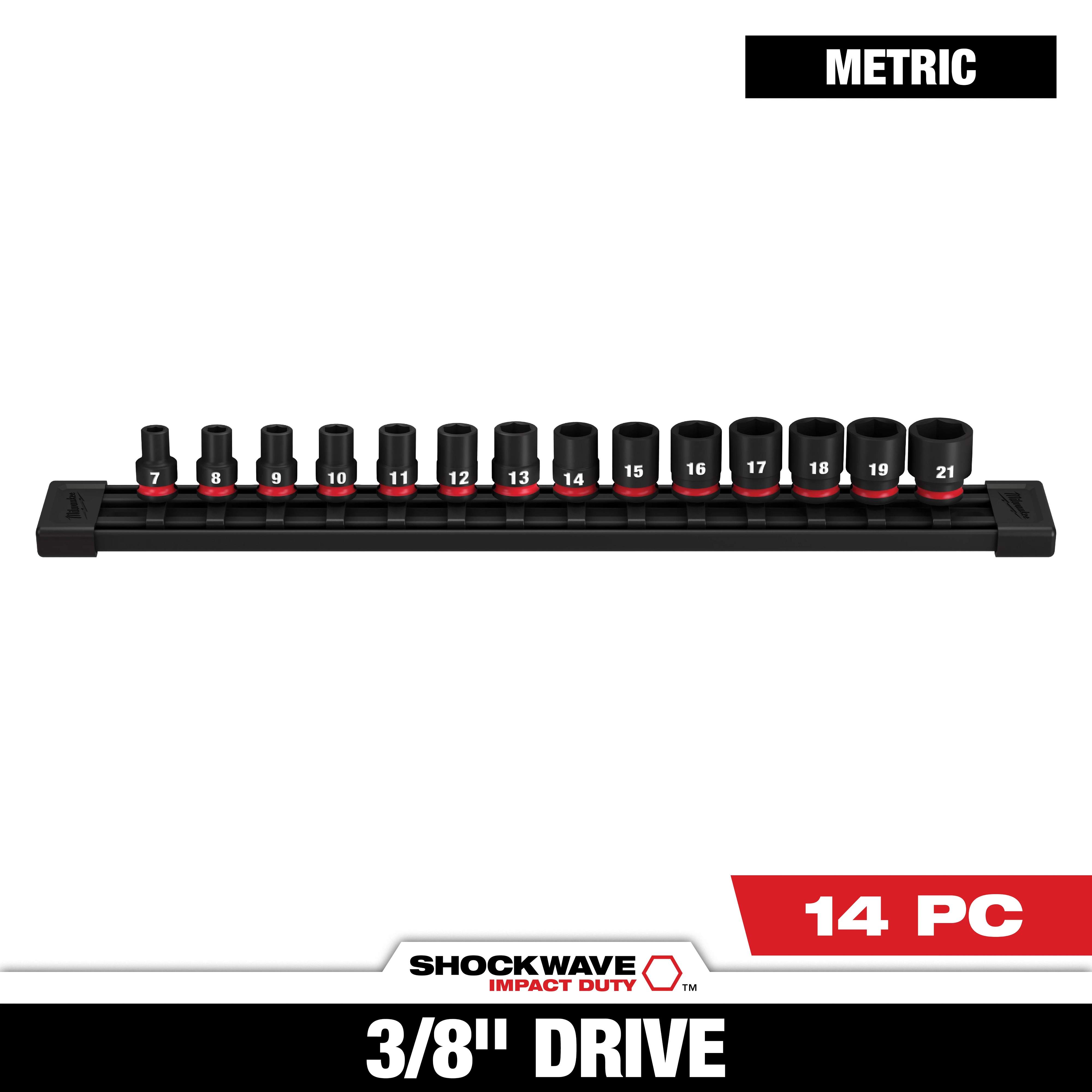 Milwaukee&reg; SHOCKWAVE&trade; Impact Duty&trade; 49-66-7007 Standard Socket Set, ASME Specified, 6 Points, 3/8 in Drive, 14 Pieces, Hex, Included Socket Size: 7 mm, 8 mm, 9 mm, 10 mm, 11 mm, 12 mm, 13 mm, 14 mm, 15 mm, 16 mm, 17 mm, 18 mm, 19 mm and 21 mm