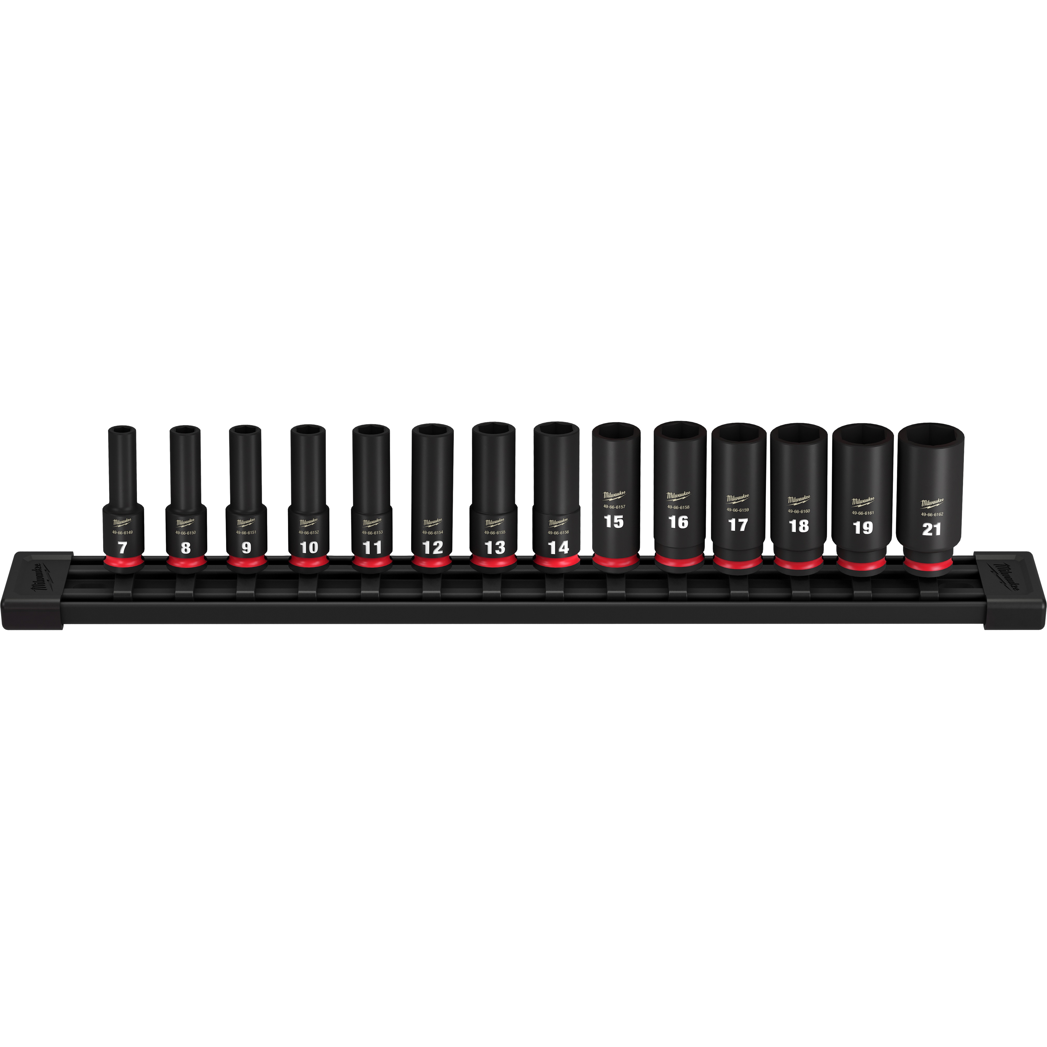 Milwaukee&reg; SHOCKWAVE&trade; Impact Duty&trade; 49-66-7008 Deep Socket Set, ASME Specified, 6 Points, 3/8 in Drive, 14 Pieces, Hex, Included Socket Size: 7 mm, 8 mm, 9 mm, 10 mm, 11 mm, 12 mm, 13 mm, 14 mm, 15 mm, 16 mm, 17 mm, 18 mm, 19 mm and 21 mm, Case Container