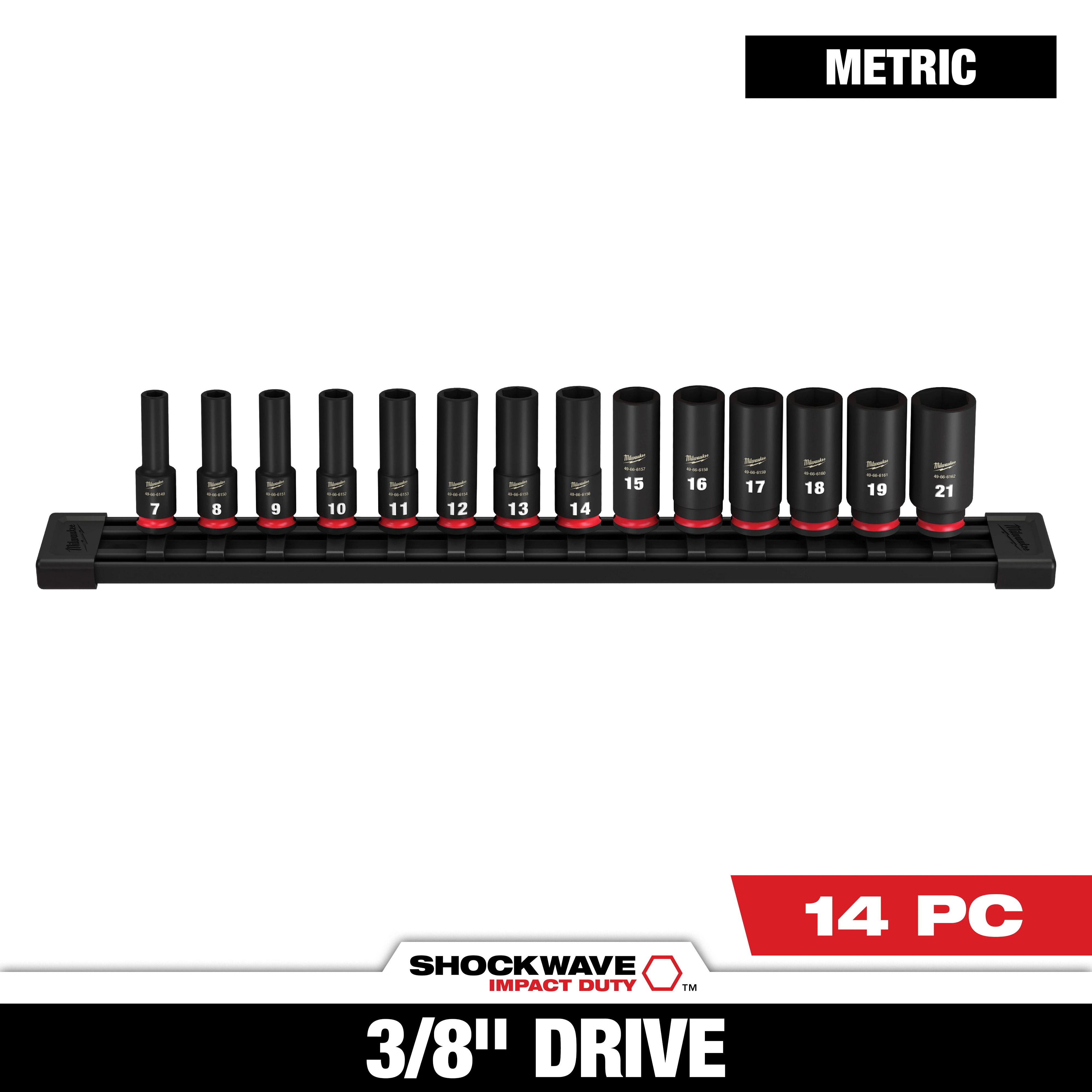 Milwaukee&reg; SHOCKWAVE&trade; Impact Duty&trade; 49-66-7008 Deep Socket Set, ASME Specified, 6 Points, 3/8 in Drive, 14 Pieces, Hex, Included Socket Size: 7 mm, 8 mm, 9 mm, 10 mm, 11 mm, 12 mm, 13 mm, 14 mm, 15 mm, 16 mm, 17 mm, 18 mm, 19 mm and 21 mm, Case Container
