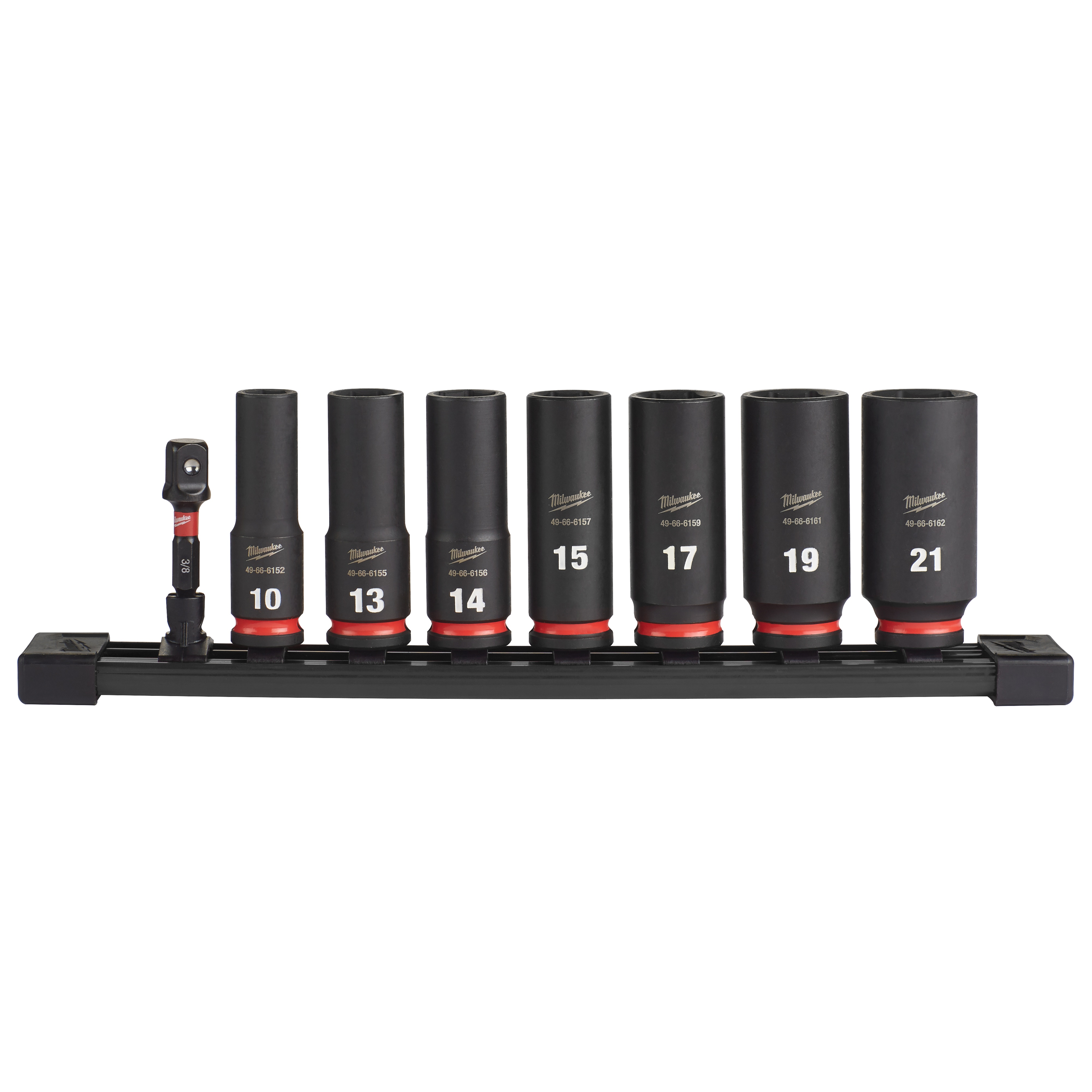 Milwaukee&reg; SHOCKWAVE&trade; Impact Duty&trade; 49-66-7021 Deep Socket Set, ASME Specified, 6 Points, 3/8 in Drive, 8 Pieces, Hex, Included Socket Size: 10 mm, 13 mm, 14 mm, 15 mm, 17 mm, 19 mm, 21 mm and (1) 3/8 in, Case Container