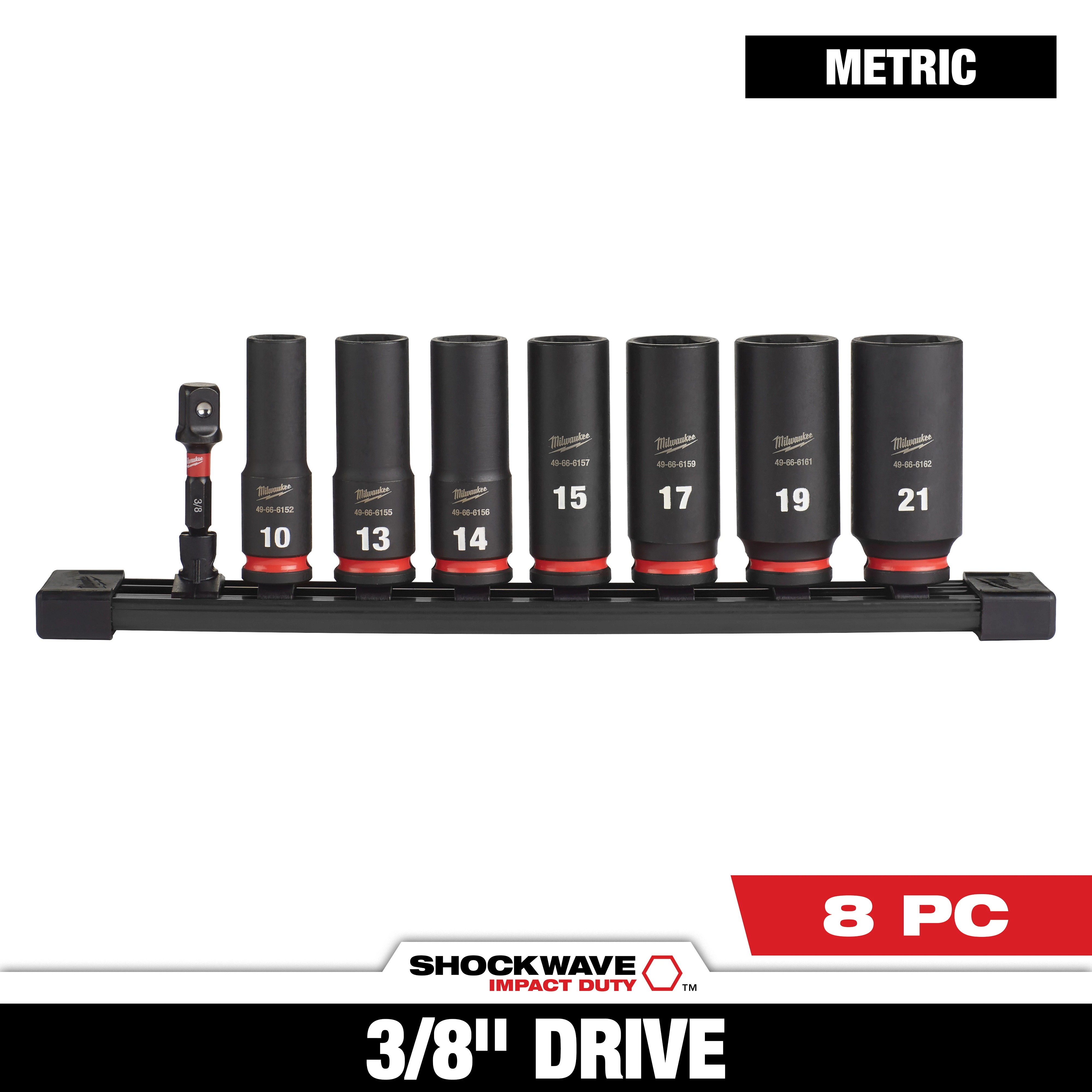 Milwaukee&reg; SHOCKWAVE&trade; Impact Duty&trade; 49-66-7021 Deep Socket Set, ASME Specified, 6 Points, 3/8 in Drive, 8 Pieces, Hex, Included Socket Size: 10 mm, 13 mm, 14 mm, 15 mm, 17 mm, 19 mm, 21 mm and (1) 3/8 in, Case Container
