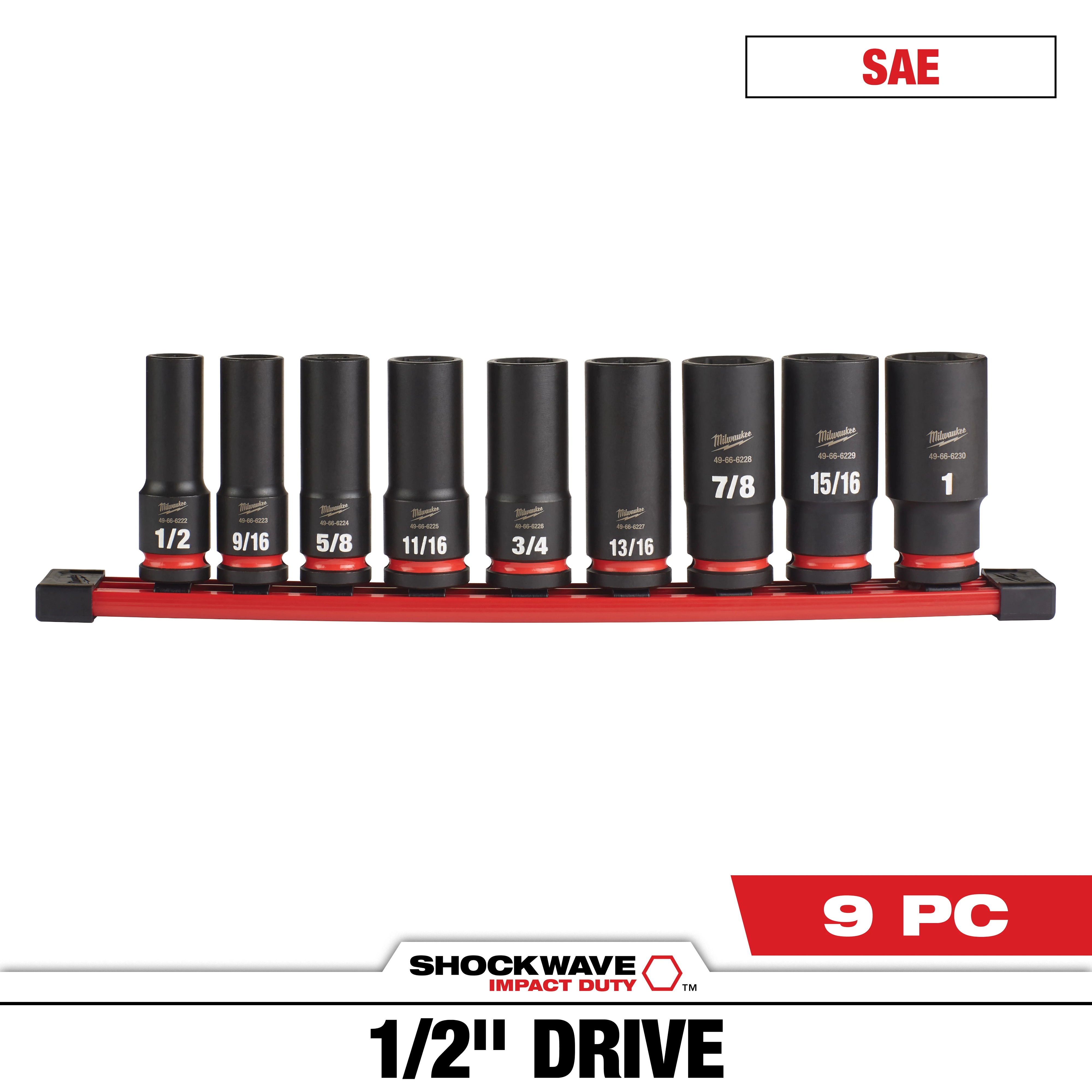 Milwaukee&reg; SHOCKWAVE&trade; Impact Duty&trade; 49-66-7022 Deep Socket Set, ASME Specified, 6 Points, 1/2 in Drive, 9 Pieces, Hex, Included Socket Size: 1/2 in, 9/16 in, 5/8 in, 11/16 in, 3/4 in, 13/16 in, 7/8 in, 15/16 in and 1 in, Case Container