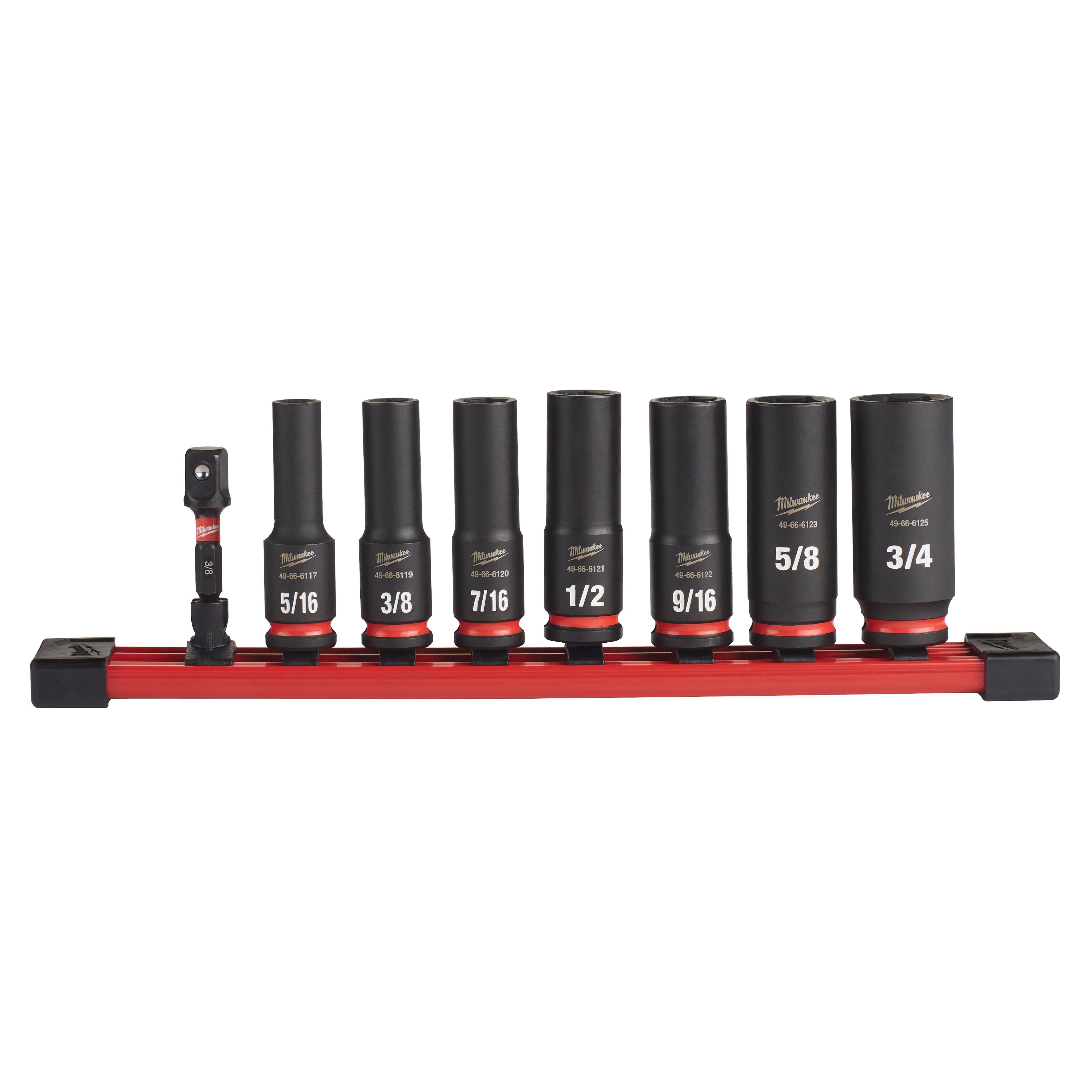 Milwaukee&reg; SHOCKWAVE&trade; Impact Duty&trade; 49-66-7024 Deep Socket Set, ASME Specified, 6 Points, 3/8 in Drive, 8 Pieces, Hex, Included Socket Size: 5/16 in, 3/8 in, 7/16 in, 1/2 in, 9/16 in, 5/8 in, 3/4 in and 3/8 in, Case Container
