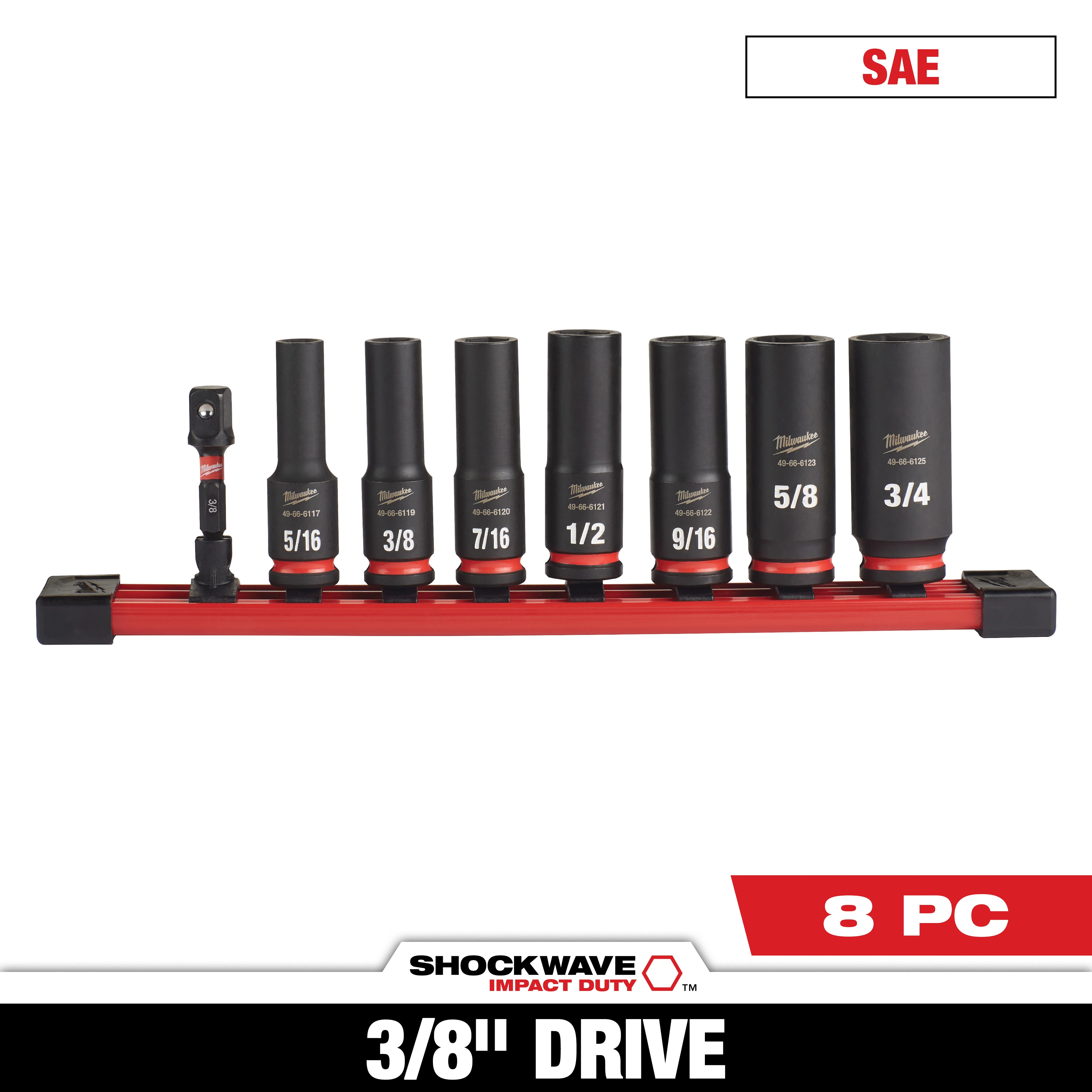 Milwaukee&reg; SHOCKWAVE&trade; Impact Duty&trade; 49-66-7024 Deep Socket Set, ASME Specified, 6 Points, 3/8 in Drive, 8 Pieces, Hex, Included Socket Size: 5/16 in, 3/8 in, 7/16 in, 1/2 in, 9/16 in, 5/8 in, 3/4 in and 3/8 in, Case Container