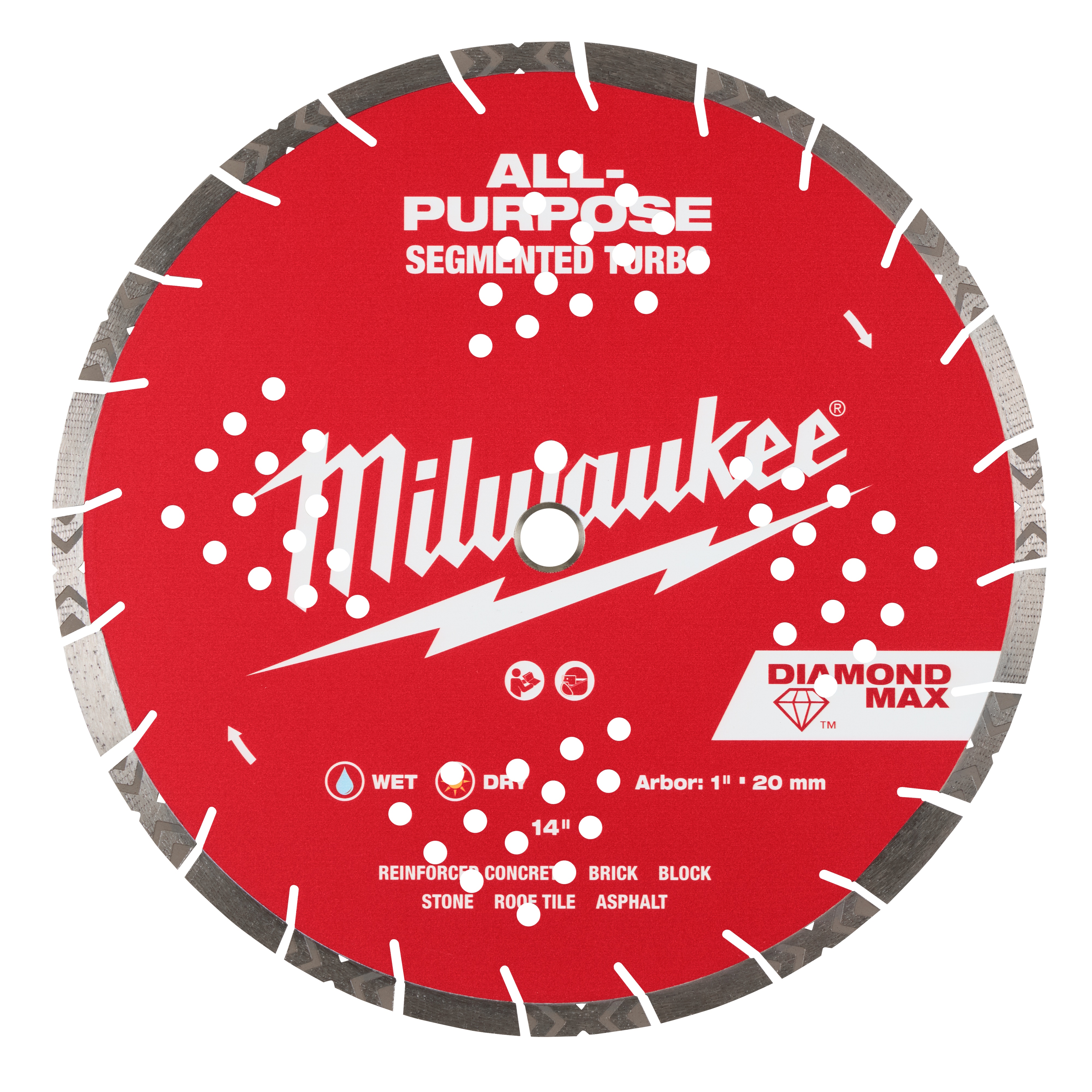 Milwaukee&reg; 49-93-7100 Universal Segmented Turbo Circular Diamond Saw Blade, 4 in Dia Blade, 7/8 in, 20 mm, 5/8 in Arbor/Shank, Wet/Dry Cutting