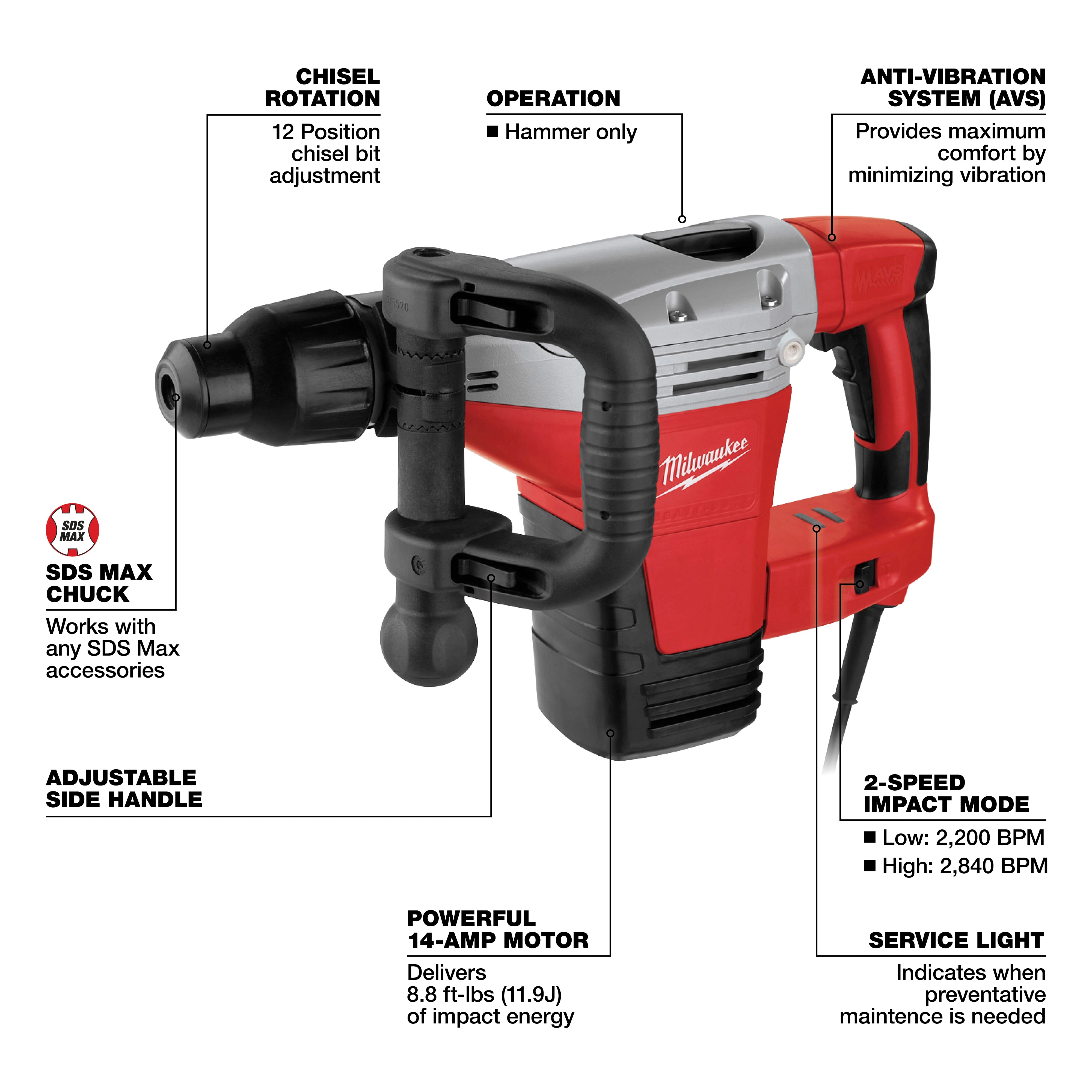 Milwaukee&reg; 5446-21 Demolition Corded Hammer Kit, 2200/2840 bpm, 1-3/4 in Chuck
