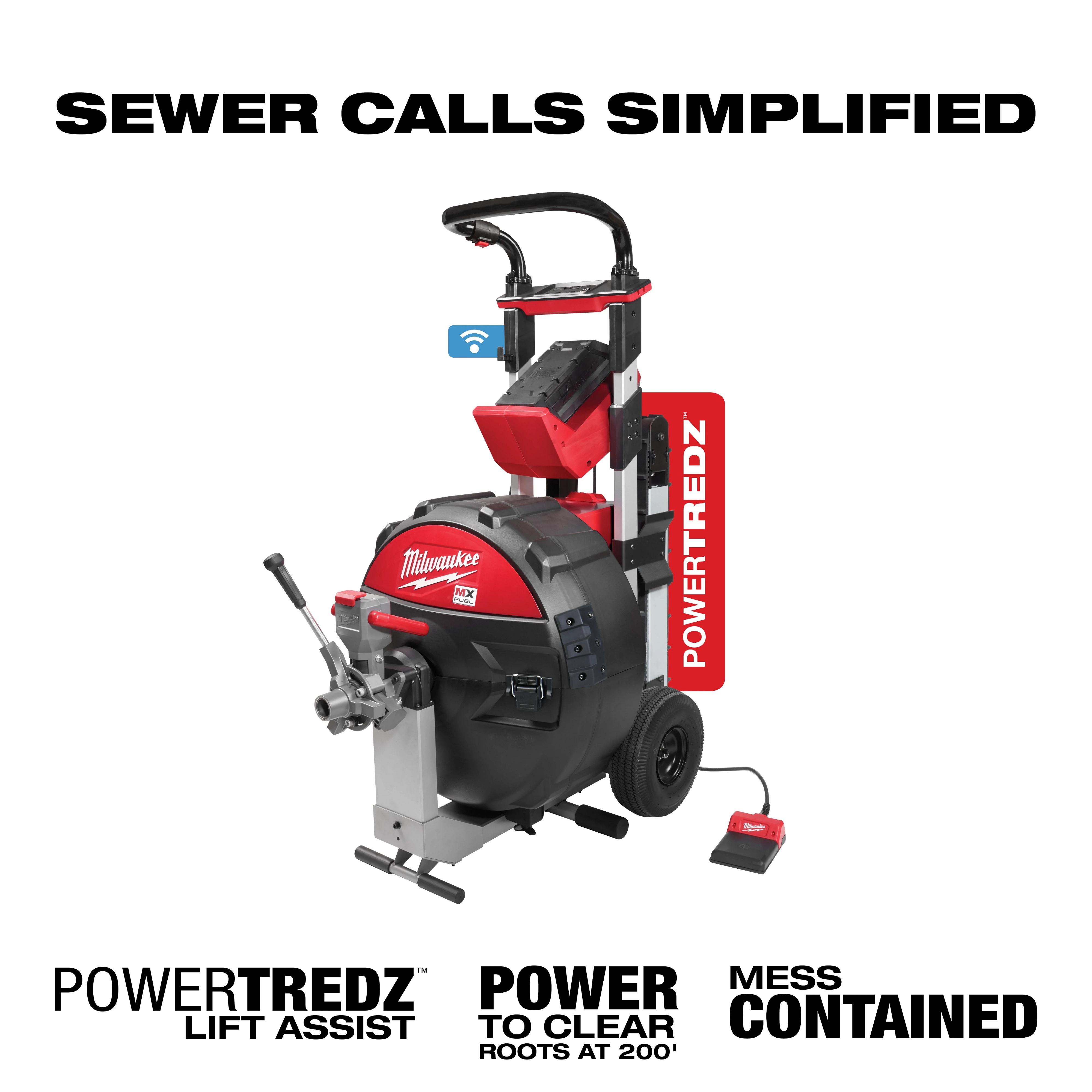 Milwaukee&reg; MXF501-1CP MX FUEL&trade; Rust-Resistant Sewer Drum Machine With POWERTREDZ&trade; Lift Assist Power, 3/4 in Drain Line, 200 ft Max Run, Aluminum/HDPE/PP/Steel Housing