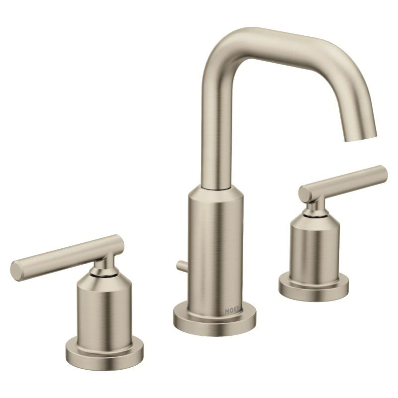 Moen® T6142BN Bathroom Faucet, Gibson™, Commercial, 1.2 gpm Flow Rate, 6 in H Spout, 8 in Center, Brushed Nickel, 2 Handles, Pop-Up Drain, Domestic