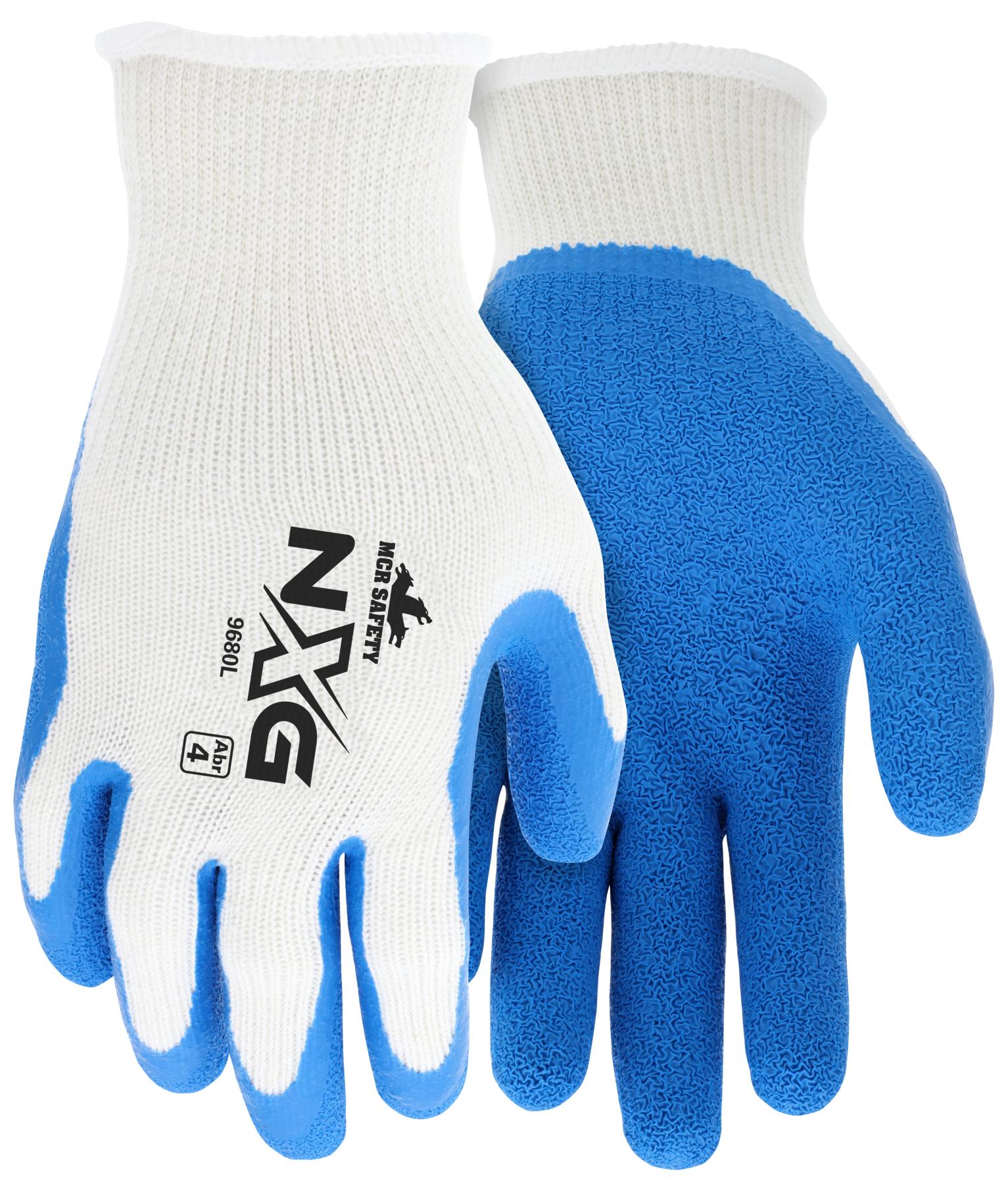 MCR Safety 9680S FlexTuff&reg; 9680 Dipped General Purpose Gloves, Seamless/Wing Thumb Style, Latex Rubber Palm, 10 ga Cotton/Polyester, Blue/White, Knit Wrist Cuff, Resists: Abrasion, Cut, Puncture and Tear, Cotton/Polyester Lining