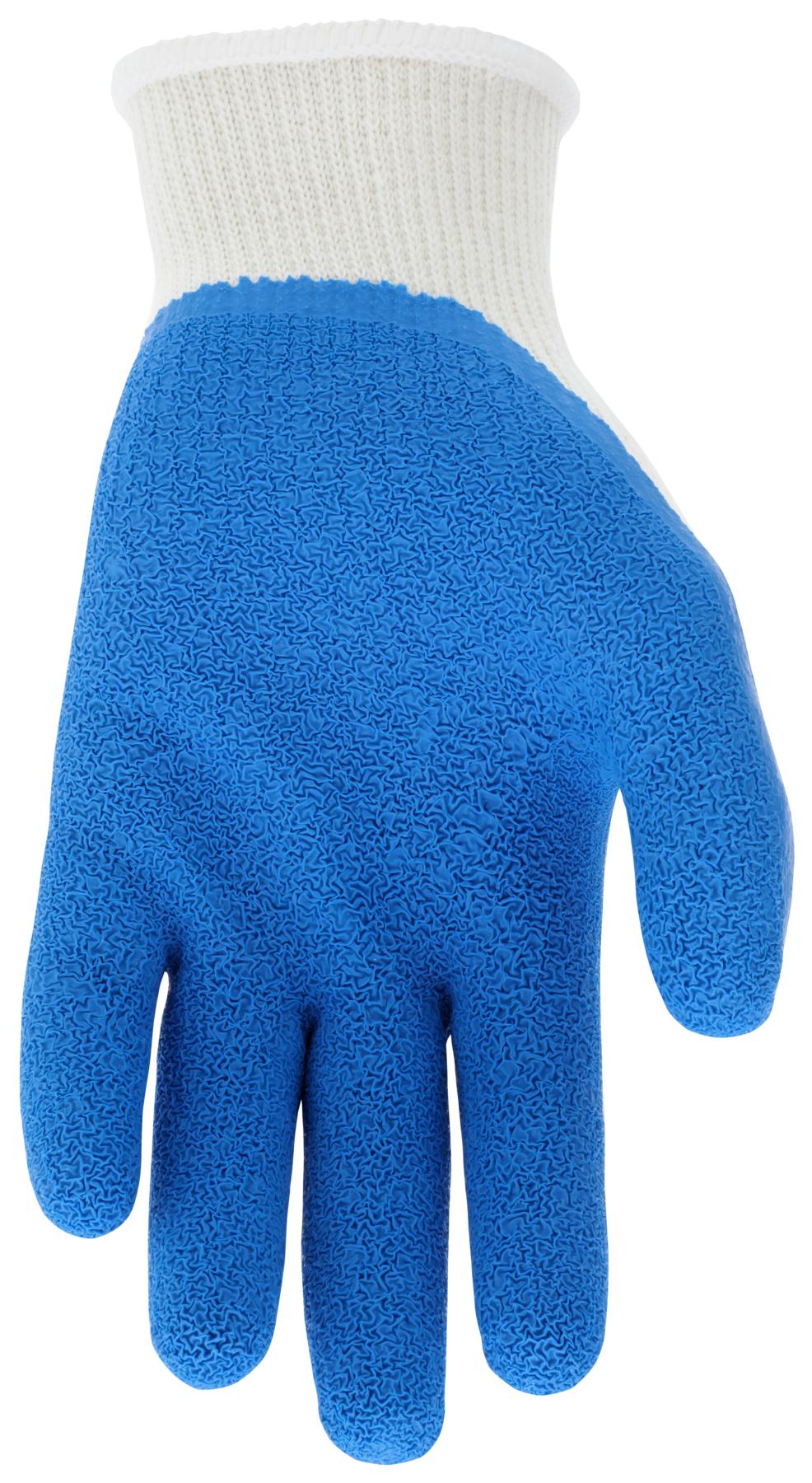 MCR Safety 9680S FlexTuff&reg; 9680 Dipped General Purpose Gloves, Seamless/Wing Thumb Style, Latex Rubber Palm, 10 ga Cotton/Polyester, Blue/White, Knit Wrist Cuff, Resists: Abrasion, Cut, Puncture and Tear, Cotton/Polyester Lining