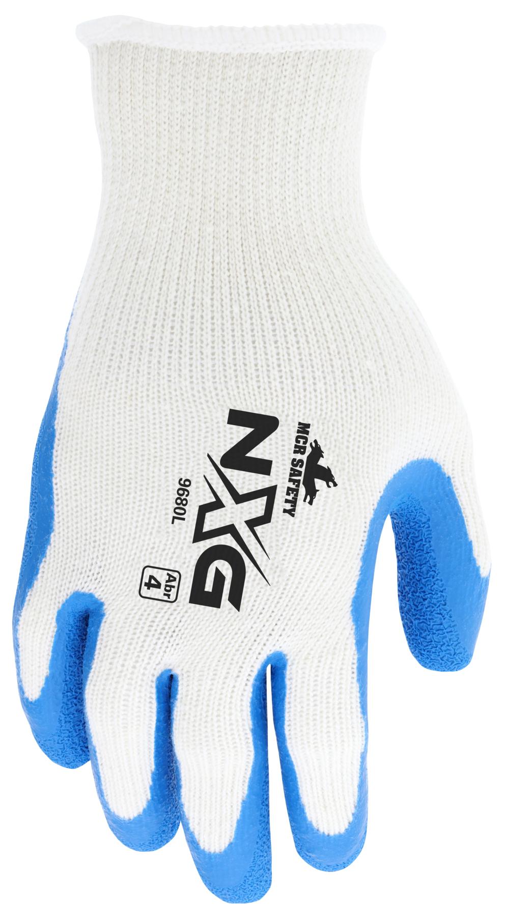 MCR Safety 9680S FlexTuff&reg; 9680 Dipped General Purpose Gloves, Seamless/Wing Thumb Style, Latex Rubber Palm, 10 ga Cotton/Polyester, Blue/White, Knit Wrist Cuff, Resists: Abrasion, Cut, Puncture and Tear, Cotton/Polyester Lining