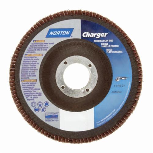 Norton&reg; Charger&trade; 63642503512 R822 Arbor Thread Standard Density Versatile Coated Abrasive Flap Disc, 4-1/2 in Dia, P60 Grit, Coarse Grade, Zirconia Alumina Abrasive, Type 27 Flat Disc