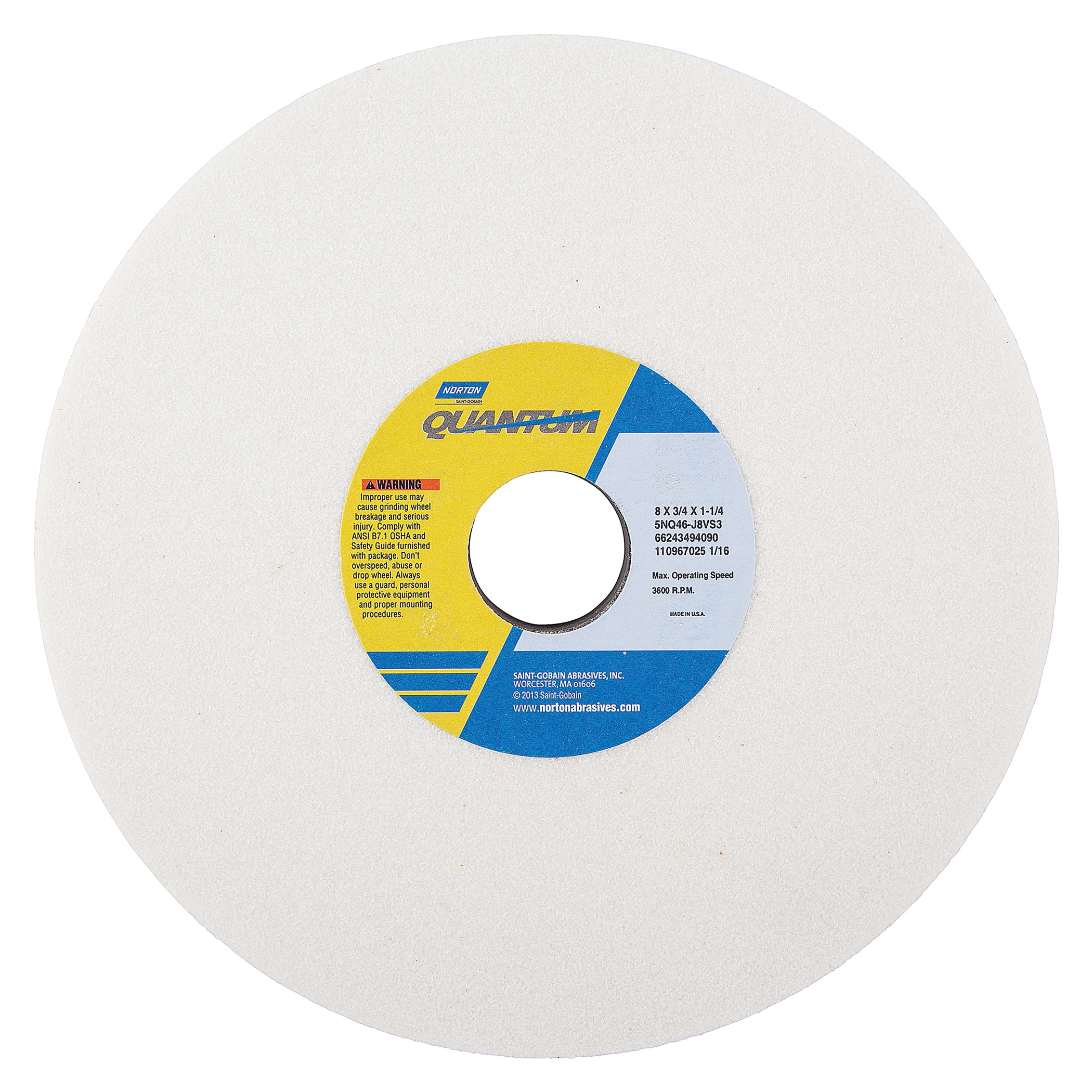 Norton&reg; Quantum&trade; 66243494090 5NQ Straight Toolroom Wheel, 8 in Dia x 3/4 in THK, 1-1/4 in Center Hole, 46 Grit, Ceramic Alumina Abrasive