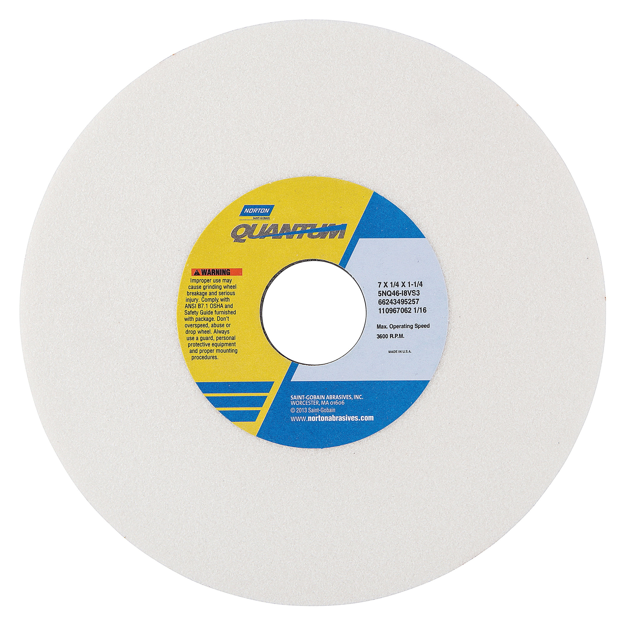 Norton&reg; Quantum&trade; 66243495257 5NQ Straight Toolroom Wheel, 7 in Dia x 1/4 in THK, 1-1/4 in Center Hole, 46 Grit, Ceramic Alumina Abrasive