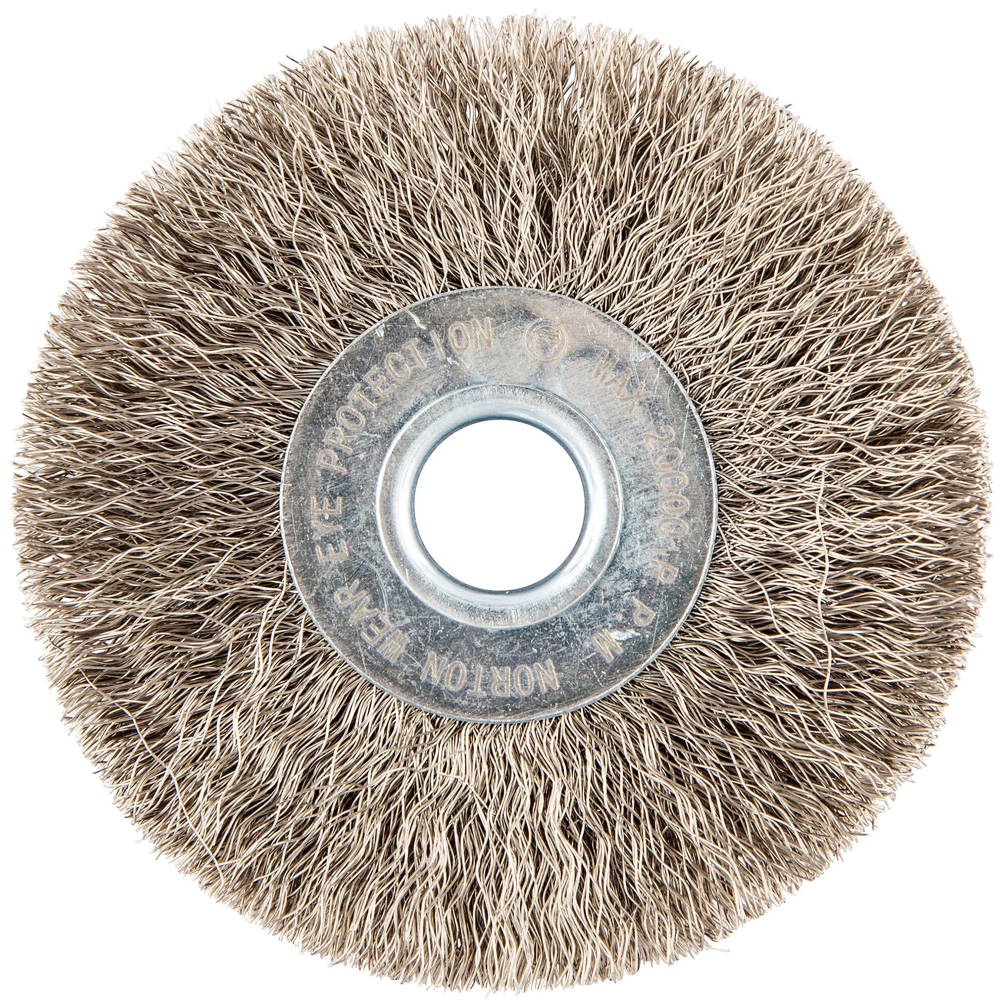 Norton&reg; 66252838960 Narrow Face Wire Brush, 3 in Dia Brush, 1/4 in W Face, 0.005 in Dia Filament/Wire Crimped Filament/Wire, 1/2 in Arbor Hole