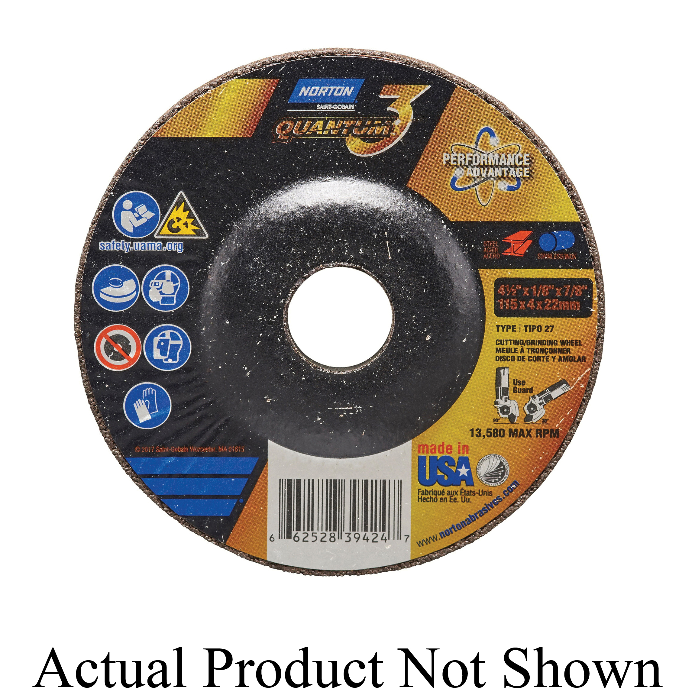 Norton&reg; 66252839424 Depressed Center Wheel, 4-1/2 in Dia x 1/8 in THK, 7/8 in Center Hole, 24 Grit, Ceramic Abrasive