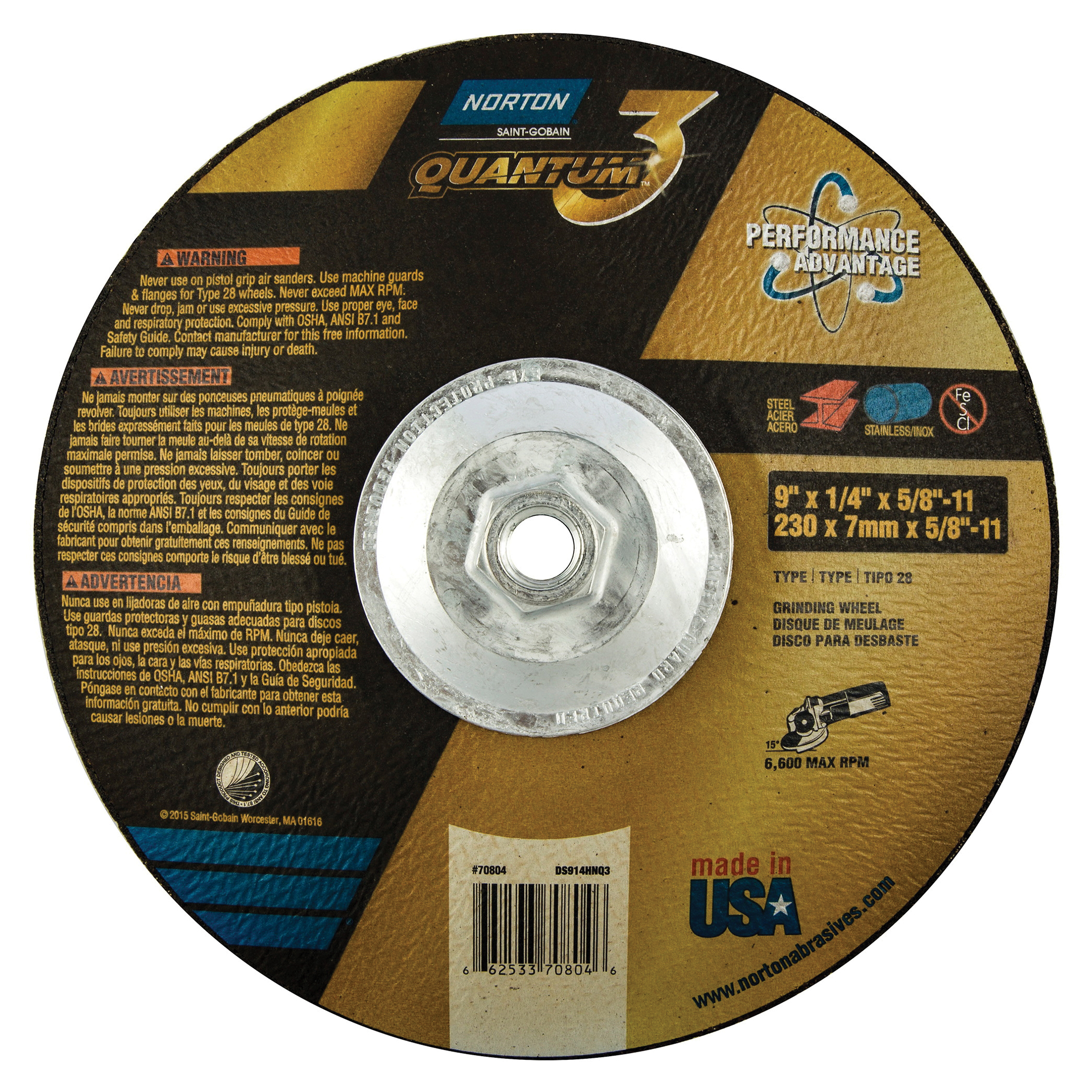 Norton&reg; Quantum&trade;3 66253370804 SG Series Saucer Shape Depressed Centre Saucer Wheel, 9 in Dia x 1/4 in THK, 20 Grit, Ceramic Alumina Abrasive