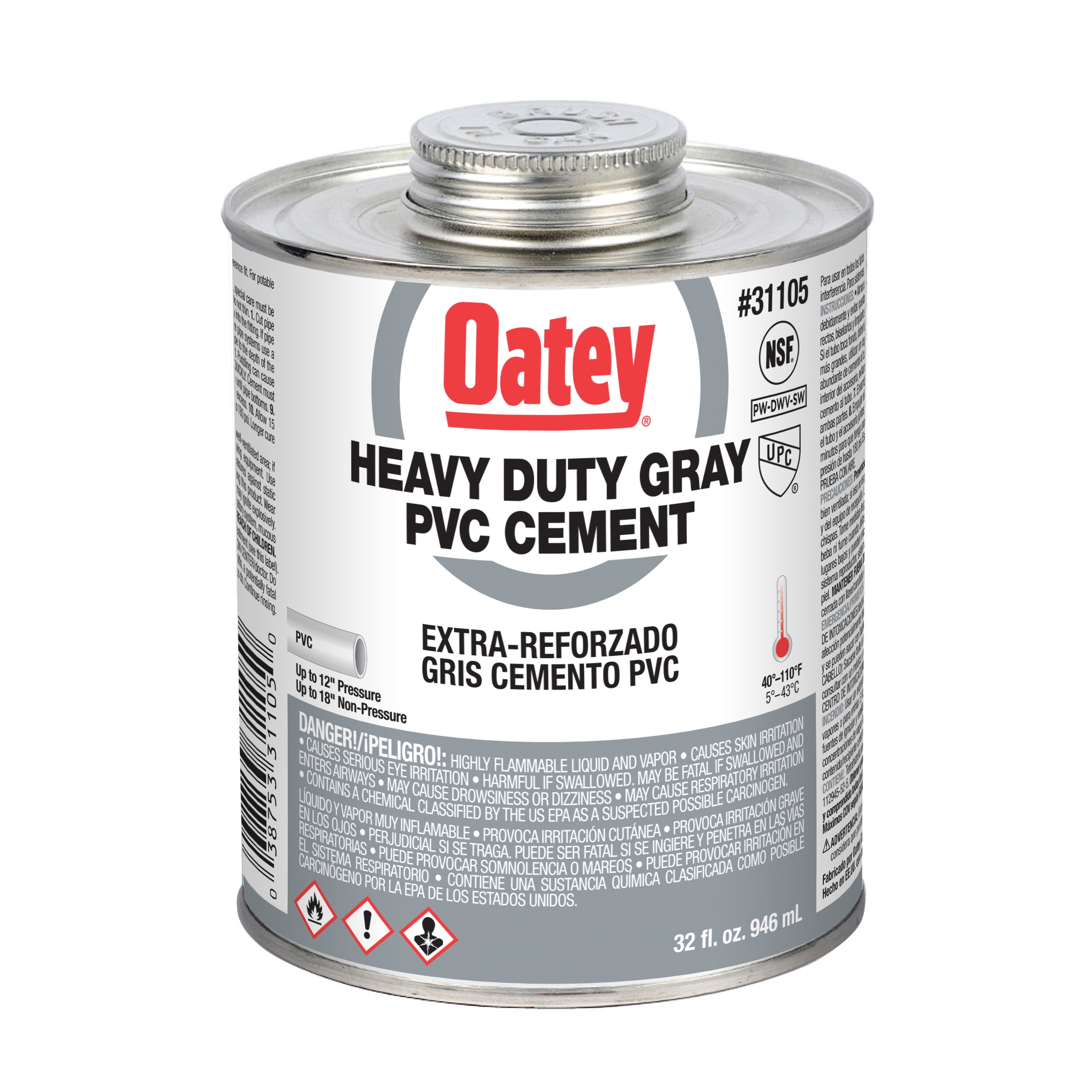 Oatey&reg; 31014 Low VOC Regular Body PVC Cement, 16 oz Container, Clear, For Use With PVC Pipe