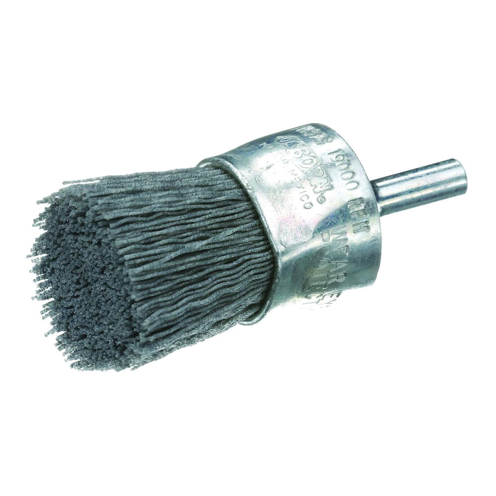 Weiler® 10016 Stem Mount End Brush, 1/2 in Dia Brush, Crimped, 0.02 in Dia Filament/Wire, Stainless Steel Fill, 7/8 in L Trim