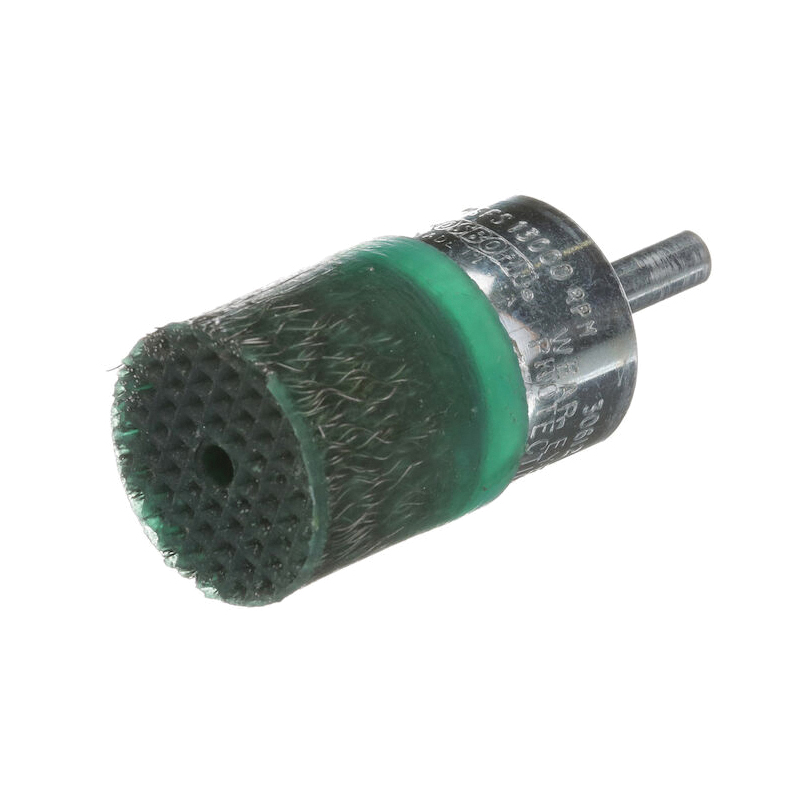 Weiler® 10323 Controlled Flare Stem Mount End Brush, 1 in Dia Brush, Crimped, 0.02 in Dia Filament/Wire, Stainless Steel Fill, 1-1/8 in L Trim