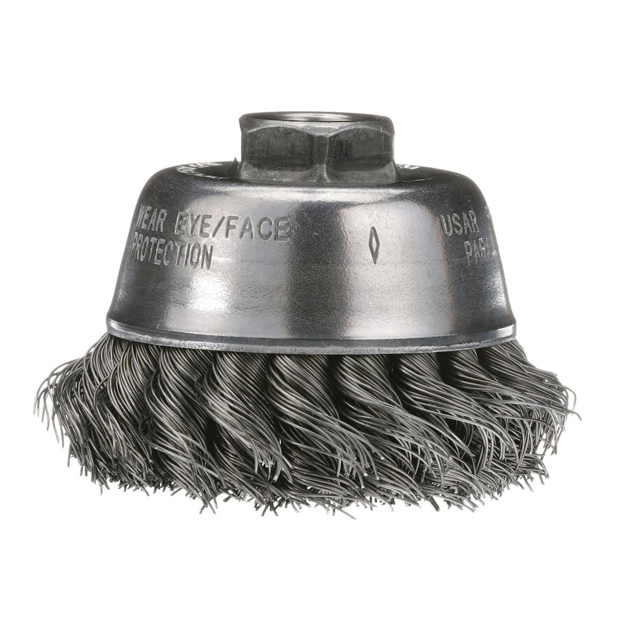 Osborn 0003300100 Heavy Duty High Speed Cup Brush With Nut, 3-1/2 in Dia Brush, 5/8-11 UNC Arbor Hole, 0.02 in Dia Filament/Wire, Partial Twist Knot, Stainless Steel Fill
