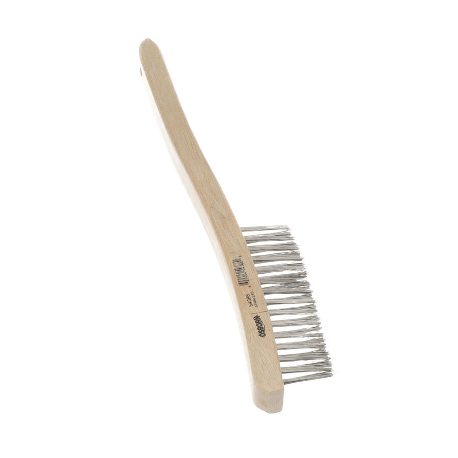 product Osborn 0005402200 Angled Back Small Cleaning Scratch Brush, 1-7/16 in L Brush, 7/16 in W Block, 7-3/4 in OAL, 7/16 in L Stainless Steel Trim