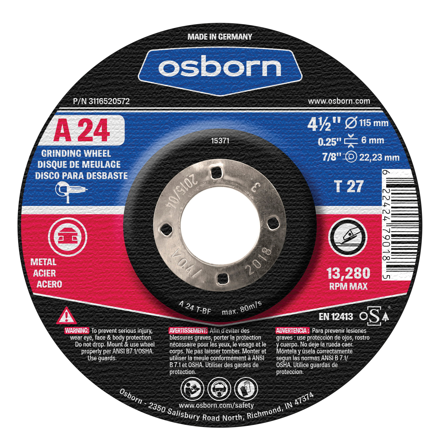 Osborn 3116520572 A Series Grinding Wheel, 4-1/2 in Dia x 1/4 in THK, 7/8 in Center Hole, 24 Grit, Aluminum Oxide Abrasive