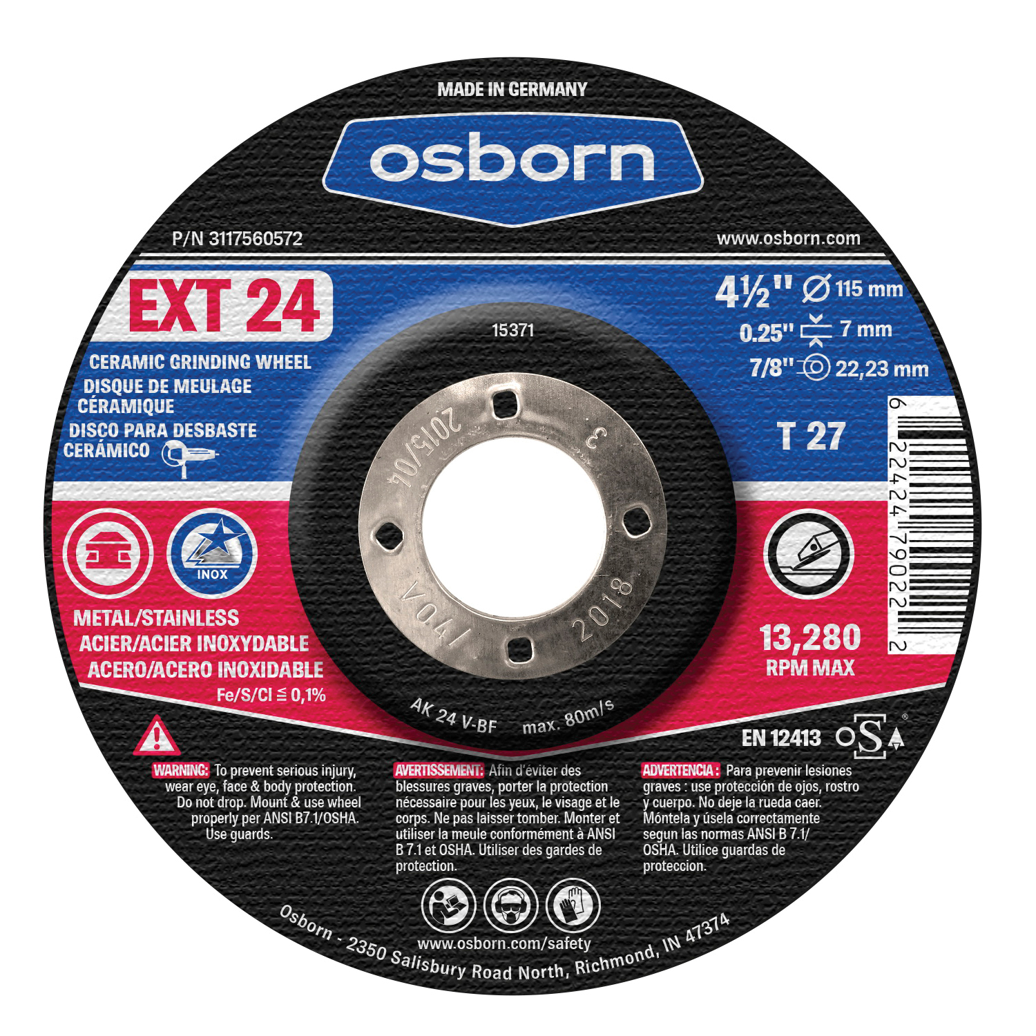 Osborn 3187560572 EXT Grinding Wheel, 7 in Dia x 1/4 in THK, 7/8 in Center Hole, 24 Grit, Aluminum Oxide Abrasive