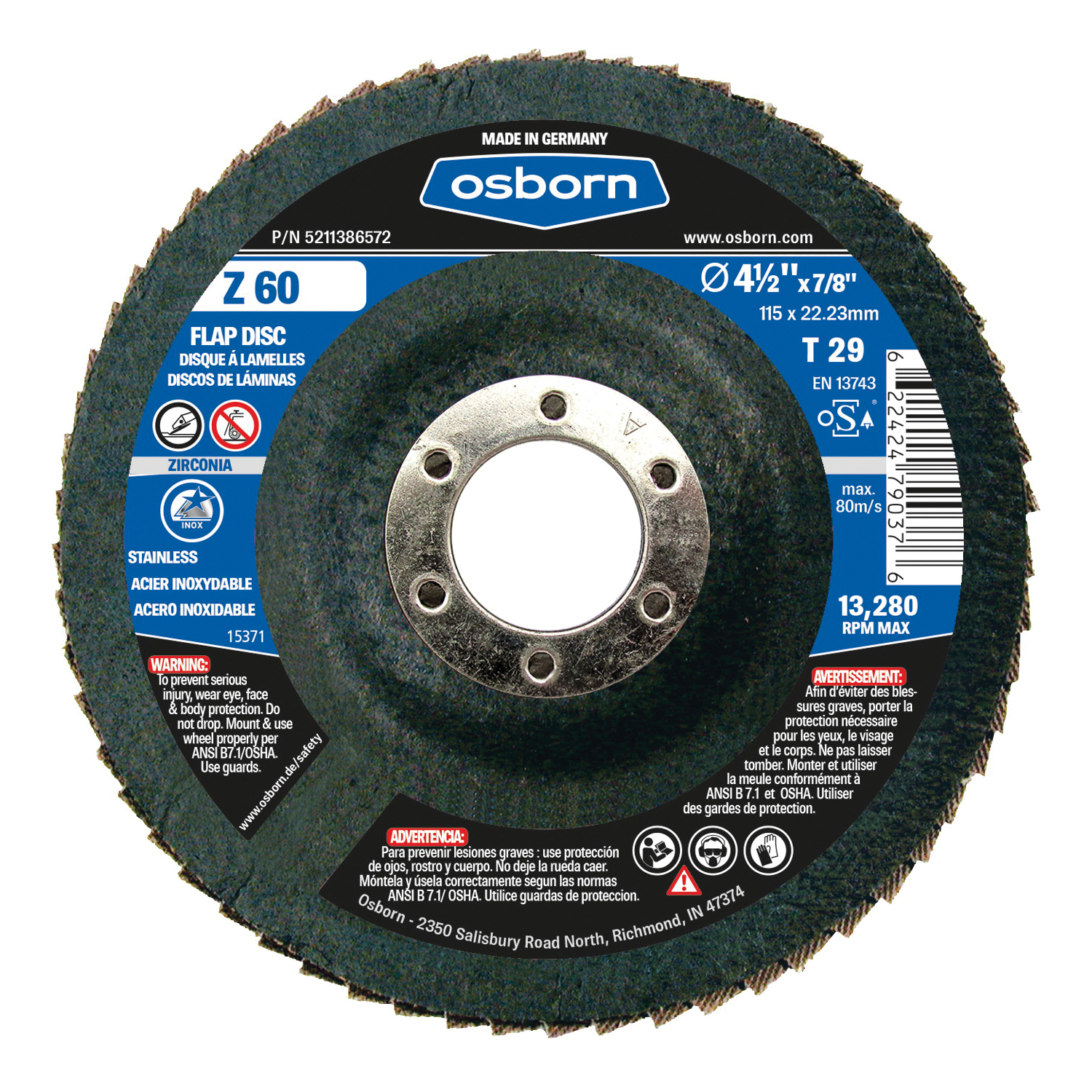 Osborn 5211386572 Z Series Coated Abrasive Flap Disc, 4-1/2 in Dia Disc, 7/8 in Center Hole, 60 Grit, Medium Grade, Zirconia Alumina Abrasive, Type 29 Disc