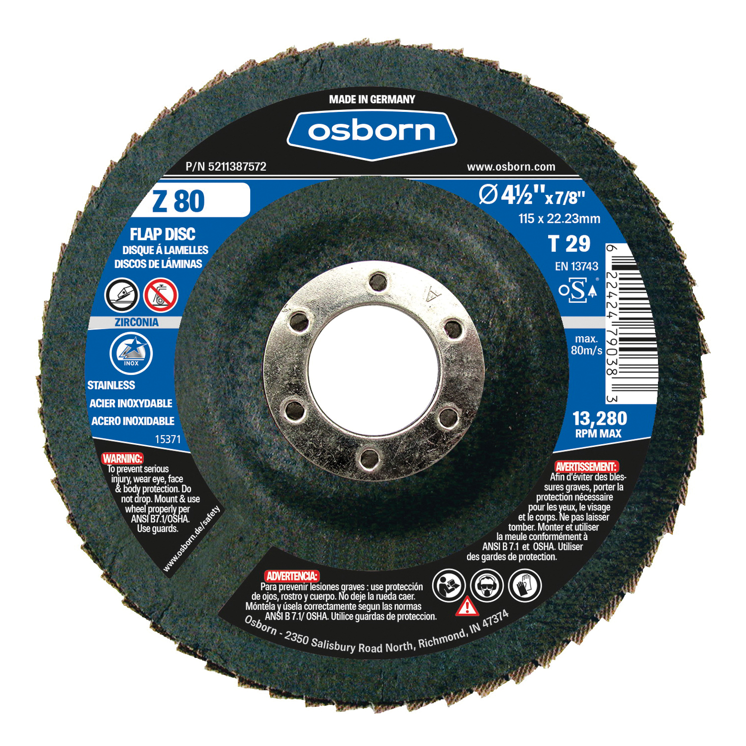 Osborn 5211387572 Z Series Coated Abrasive Flap Disc, 4-1/2 in Dia Disc, 7/8 in Center Hole, 80 Grit, Fine Grade, Zirconia Alumina Abrasive, Type 29 Disc