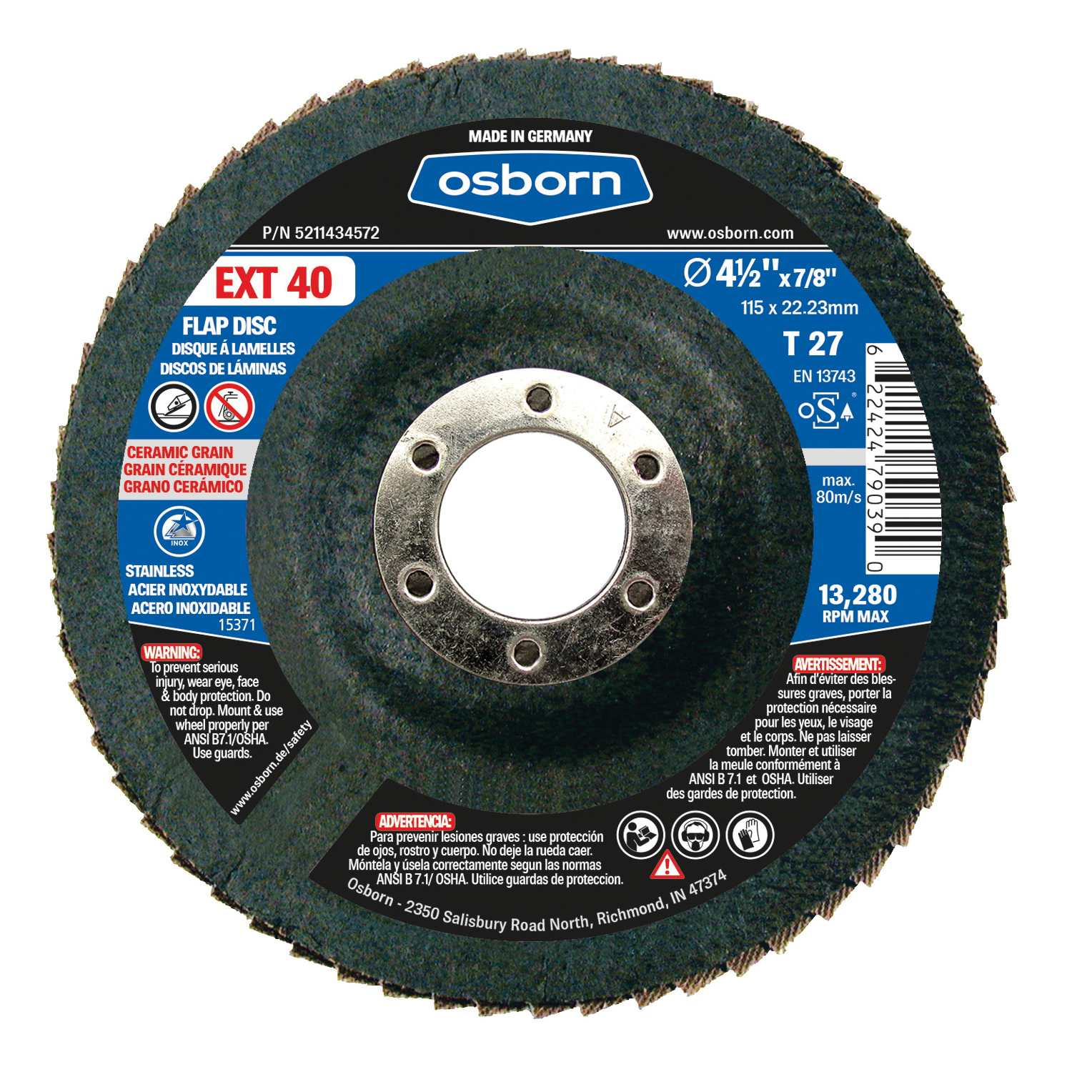 Osborn 5211434572 EXT Coated Abrasive Flap Disc, 4-1/2 in Dia Disc, 7/8 in Center Hole, 40 Grit, Coarse Grade, Ceramic Abrasive, Type 27 Disc