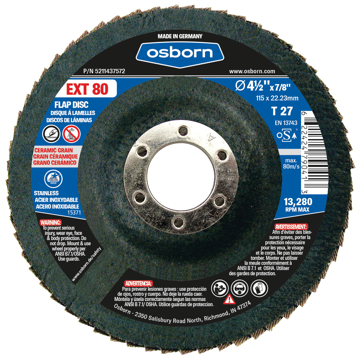 Osborn 5211437572 EXT Coated Abrasive Flap Disc, 4-1/2 in Dia Disc, 7/8 in Center Hole, 80 Grit, Fine Grade, Ceramic Abrasive, Type 27 Disc