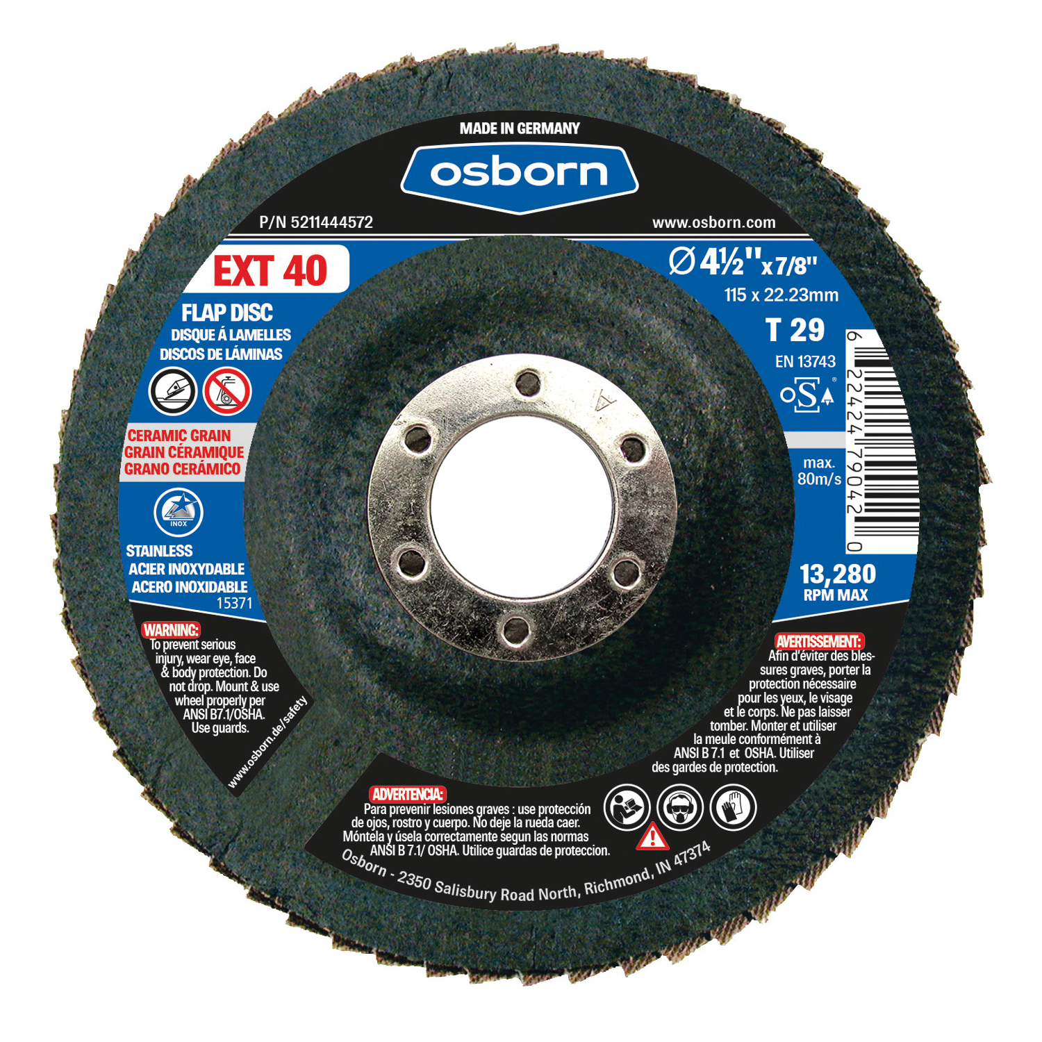 Osborn 5211444572 EXT Coated Abrasive Flap Disc, 4-1/2 in Dia Disc, 7/8 in Center Hole, 40 Grit, Coarse Grade, Ceramic Abrasive, Type 29 Disc