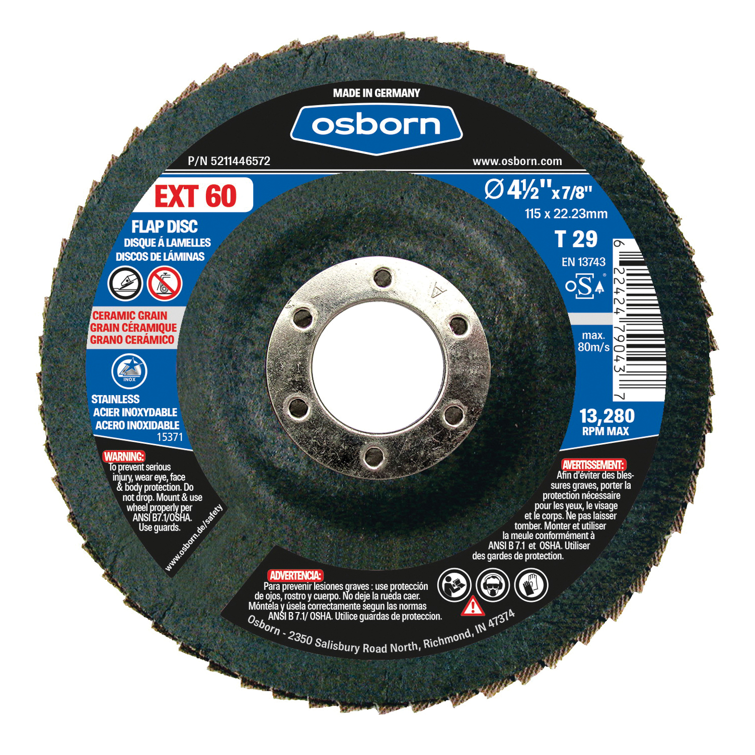 Osborn 5211446572 EXT Coated Abrasive Flap Disc, 4-1/2 in Dia Disc, 7/8 in Center Hole, 60 Grit, Medium Grade, Ceramic Abrasive, Type 29 Disc