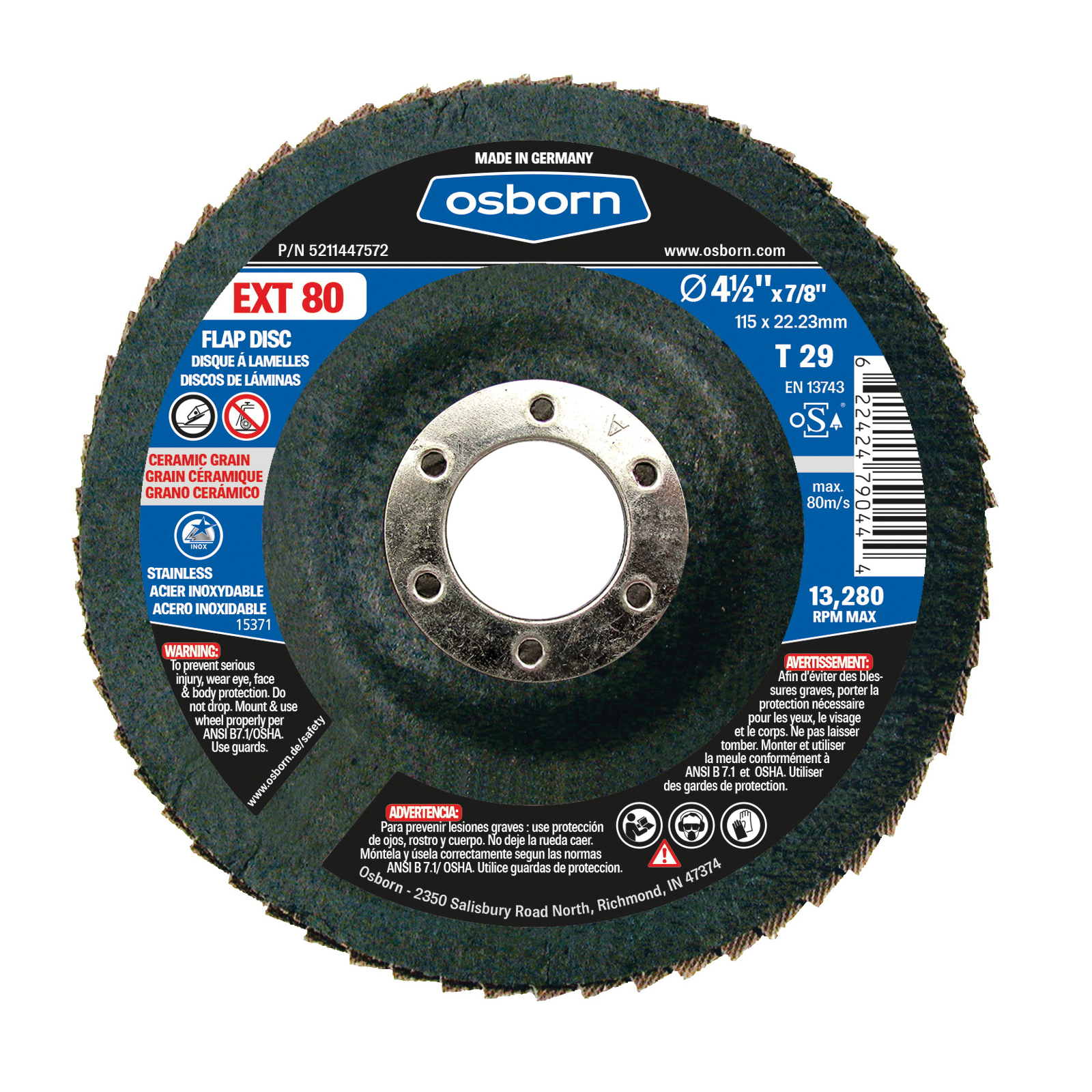 Osborn 5211447572 EXT Coated Abrasive Flap Disc, 4-1/2 in Dia Disc, 7/8 in Center Hole, 80 Grit, Fine Grade, Ceramic Abrasive, Type 29 Disc