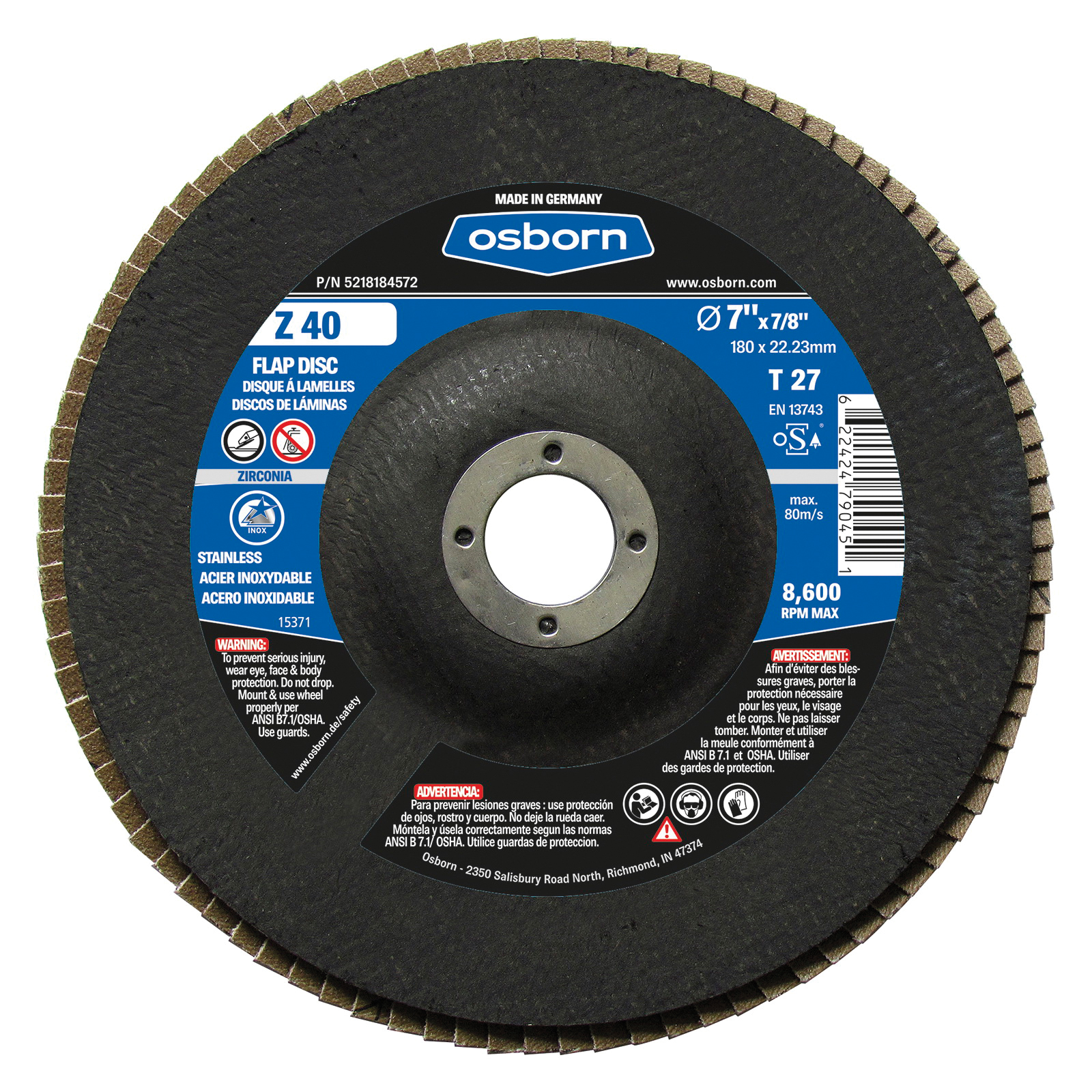 Osborn 5218184572 Z Series Coated Abrasive Flap Disc, 7 in Dia Disc, 7/8 in Center Hole, 40 Grit, Coarse Grade, Zirconia Alumina Abrasive, Type 27 Disc
