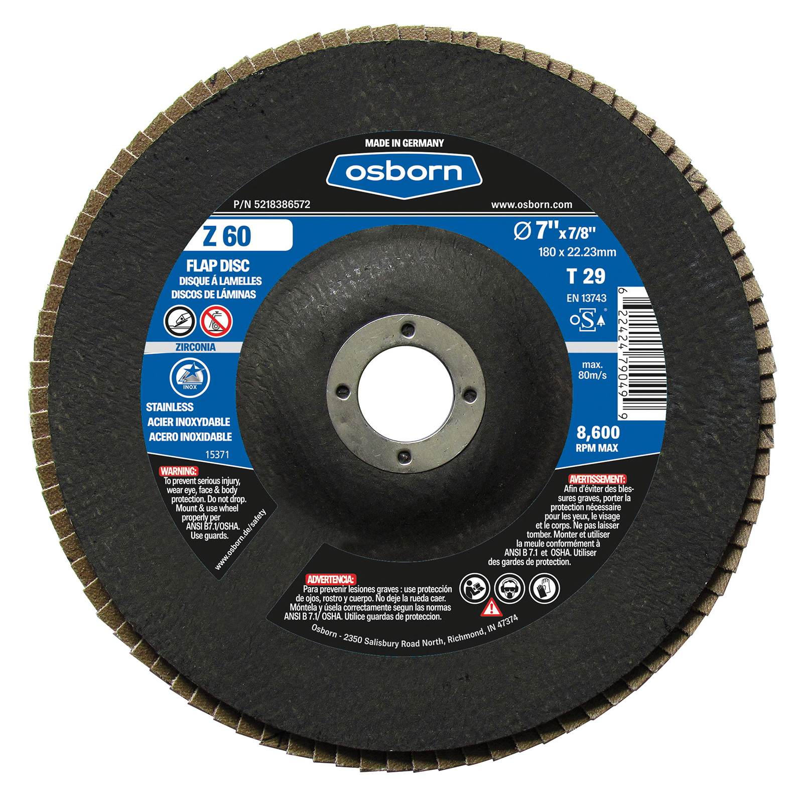 Osborn 5218386572 Z Series Coated Abrasive Flap Disc, 7 in Dia Disc, 7/8 in Center Hole, 60 Grit, Medium Grade, Zirconia Alumina Abrasive, Type 29 Disc
