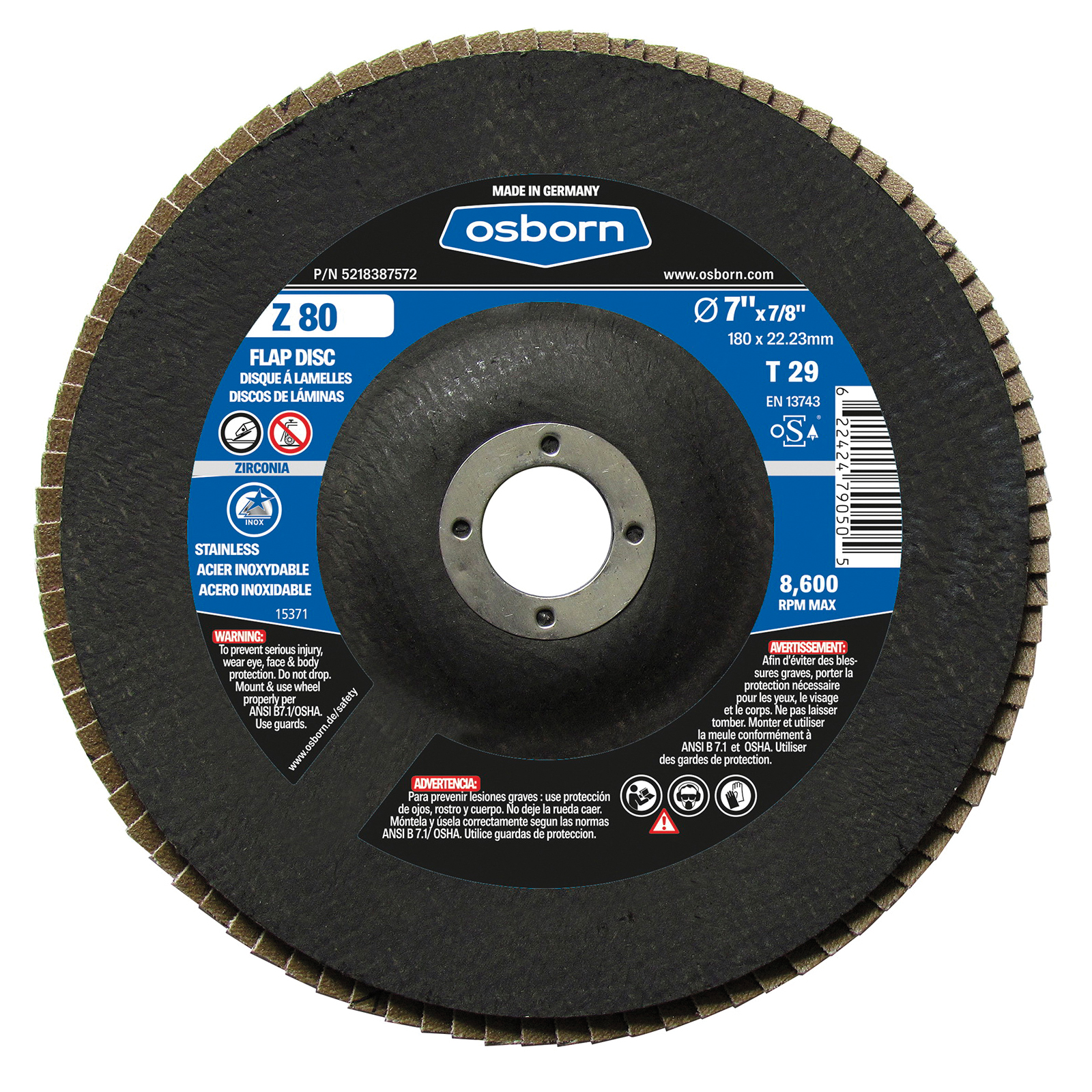Osborn 5218387572 Z Series Coated Abrasive Flap Disc, 7 in Dia Disc, 7/8 in Center Hole, 80 Grit, Fine Grade, Zirconia Alumina Abrasive, Type 29 Disc