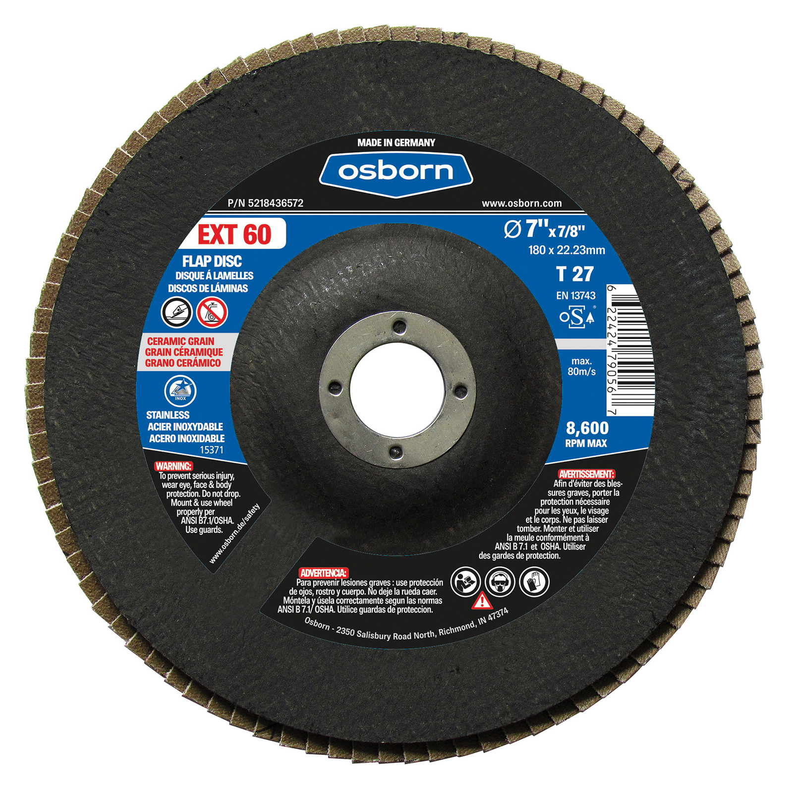 Osborn 5218436572 EXT Coated Abrasive Flap Disc, 7 in Dia Disc, 7/8 in Center Hole, 60 Grit, Coarse Grade, Ceramic Abrasive, Type 27 Disc