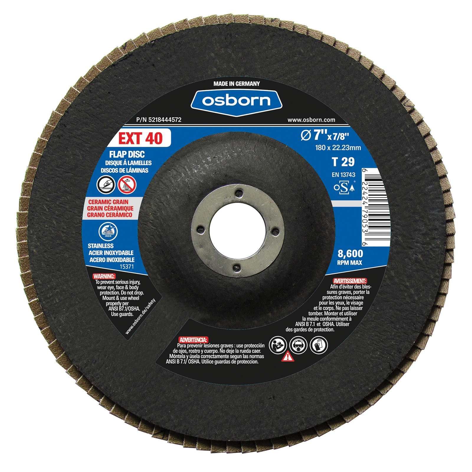 Osborn 5218444572 EXT Coated Abrasive Flap Disc, 7 in Dia Disc, 7/8 in Center Hole, 40 Grit, Coarse Grade, Ceramic Abrasive, Type 29 Disc