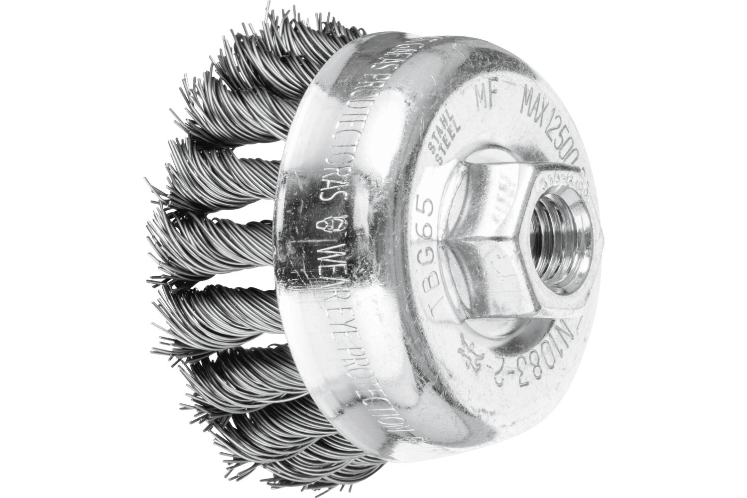 PFERD 79182511 External Thread Cup Brush, 4 in Dia Brush, 5/8-11 Arbor Hole, 0.02 in Dia Filament/Wire, Crimped, Carbon Steel Fill