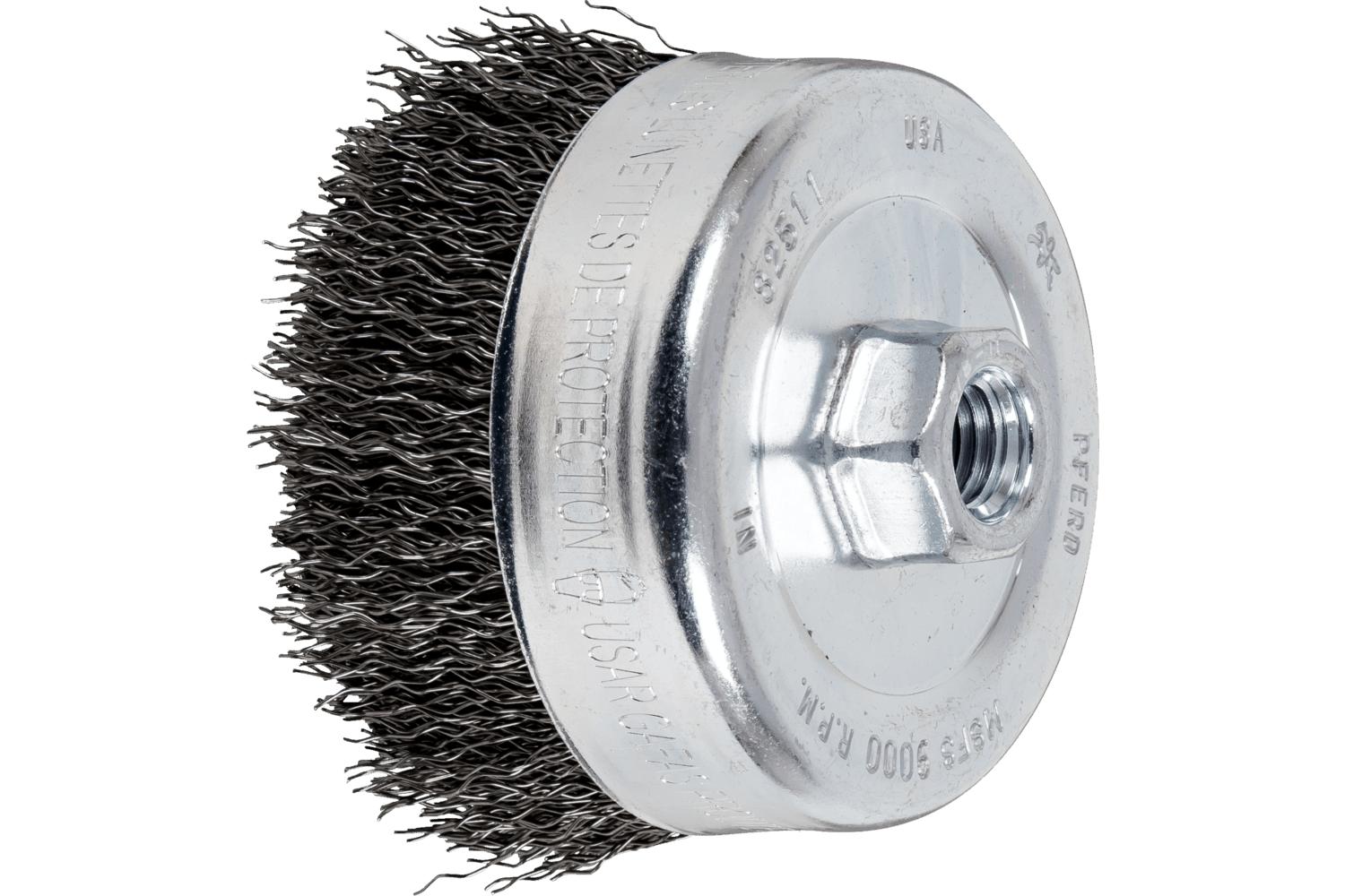 Weiler® 13258 Single Row Cup Brush, 2-3/4 in Dia Brush, 5/8-11 UNC Arbor Hole, 0.02 in Dia Filament/Wire, Standard/Twist Knot, Stainless Steel Fill