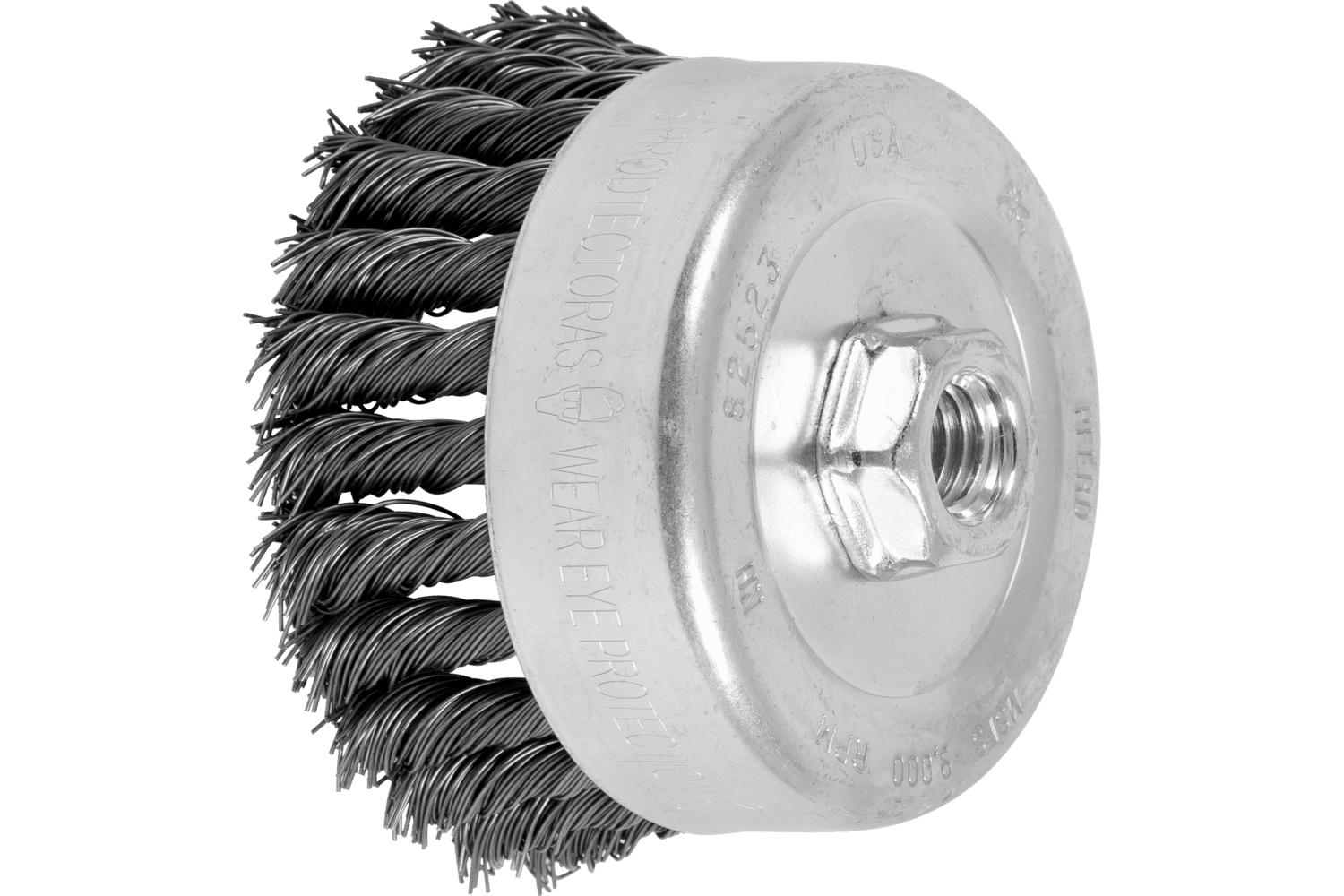Anchor® 4KC58S Cup Brush, 4 in Dia Brush, 5/8-11 Arbor Hole, 0.02 in Dia Filament/Wire, Knot, Stainless Steel Fill