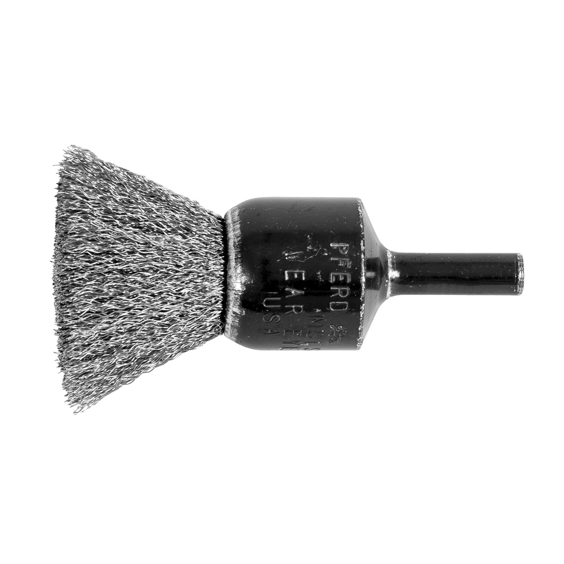 product Weiler&reg; 10128 Stem Mount End Brush, 1 in Dia Brush, Crimped, 0.005 in Dia Filament/Wire, Brass Fill, 7/8 in L Trim