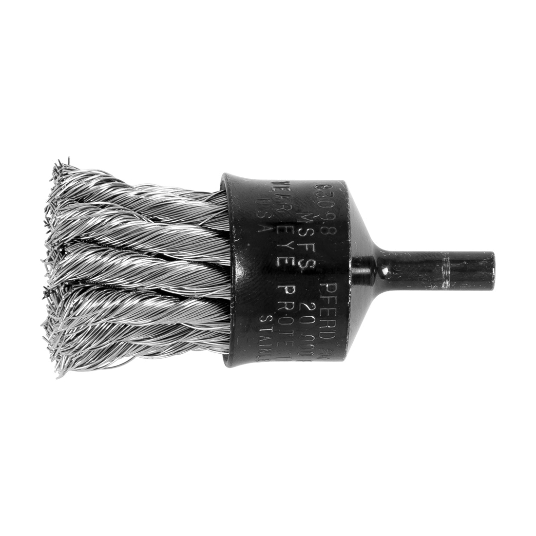 product Weiler&reg; 10031 Stem Mount End Brush, 1-1/8 in Dia Brush, Knot, 0.014 in Dia Filament/Wire, Stainless Steel Fill, 7/8 in L Trim