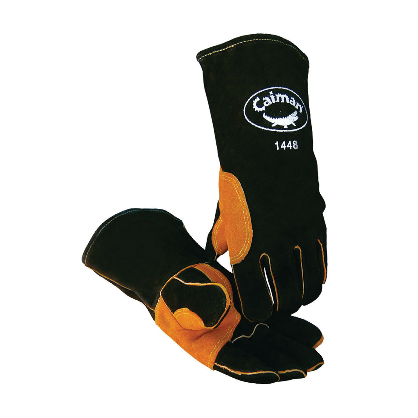 Caiman&reg; 1448 Premium Grade Welding Gloves, Grain Cowhide Leather/Kevlar&reg; Stitching, Black/Gold, Foam Lining, Slip-On Cuff